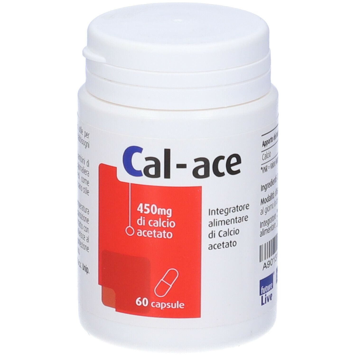 Flacone bianco Cal-ace con 60 capsule. Contiene 450mg di calcio acetato. Etichetta rossa con testo in italiano.