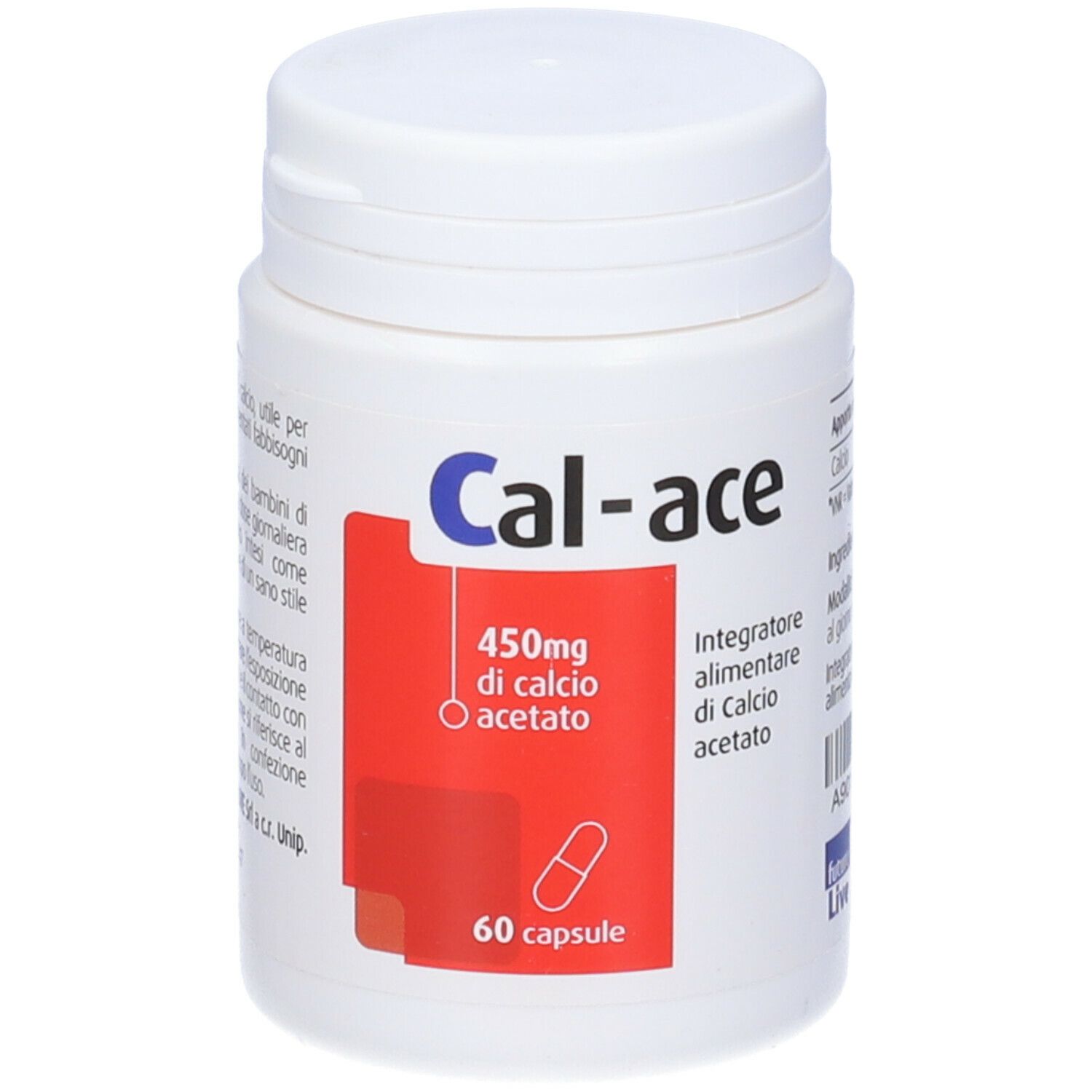 Flacone bianco Cal-ace con 60 capsule. Contiene 450mg di calcio acetato. Etichetta rossa con testo in italiano.