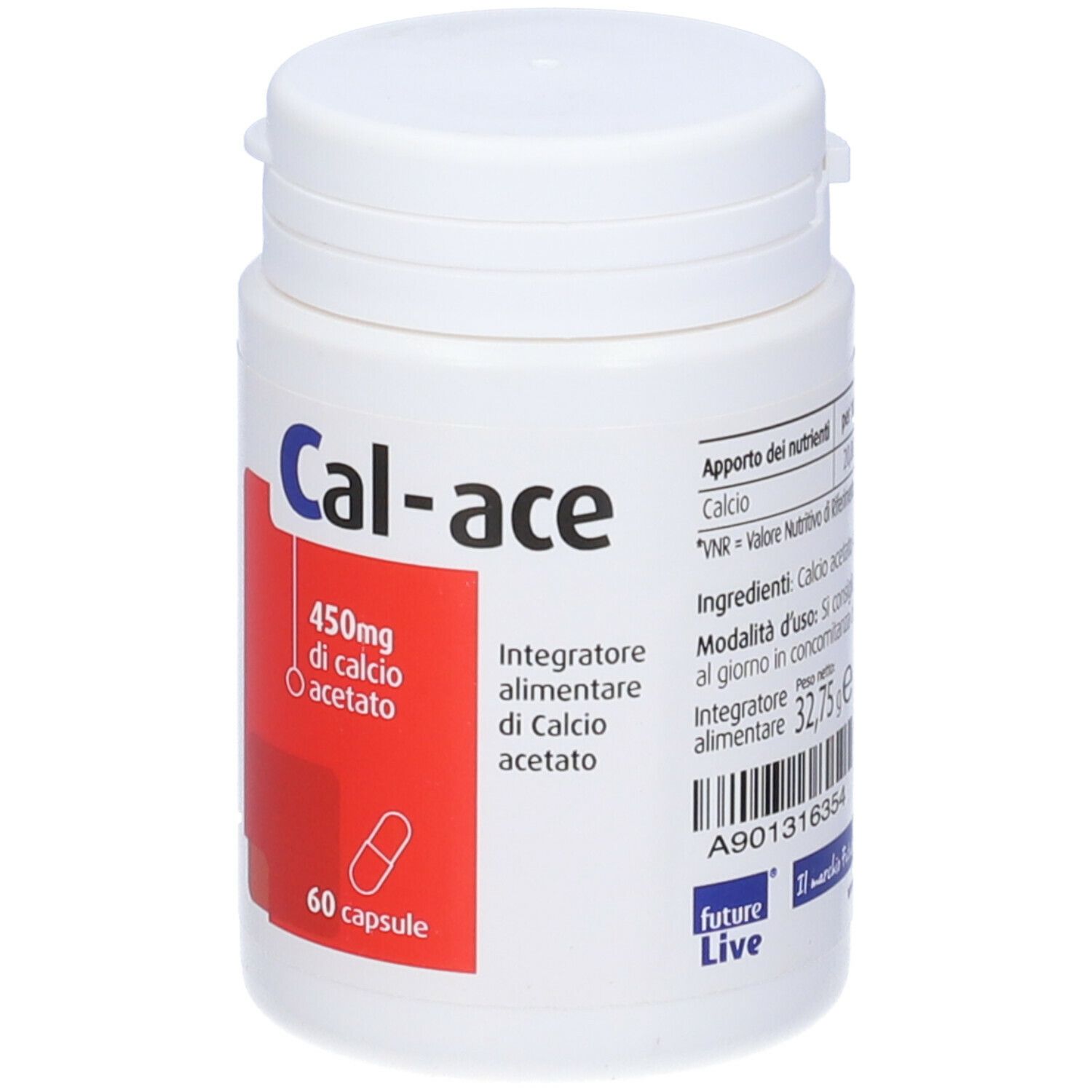 Flacone bianco Cal-ace con 60 capsule. Contiene 450mg di calcio acetato. Etichetta rossa con testo in italiano.