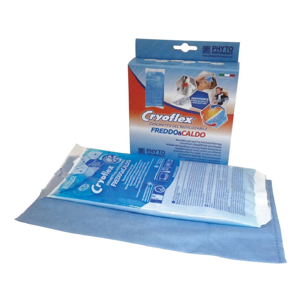 Cuscino in gel blu e confezione. Scritta Cryoflex, Freddo&Caldo. Marchio Phyto Performance.