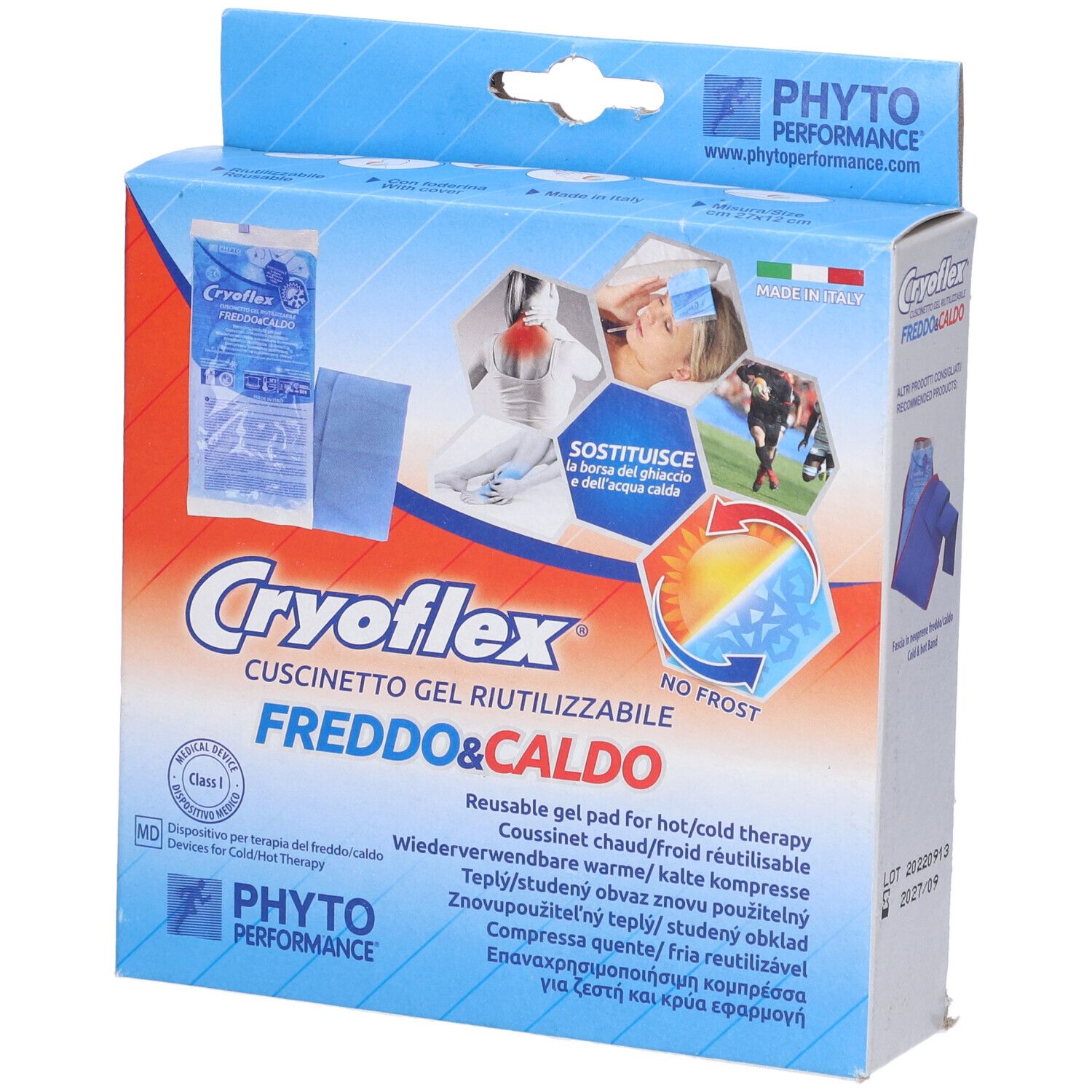 Confezione con cuscino in gel. Scritta Cryoflex, Freddo&Caldo. Marchio Phyto Performance. Made in Italy.