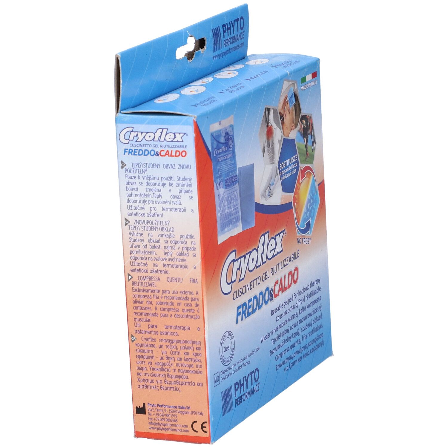 Confezione con cuscino in gel. Scritta Cryoflex, Freddo&Caldo. Marchio Phyto Performance. Made in Italy.