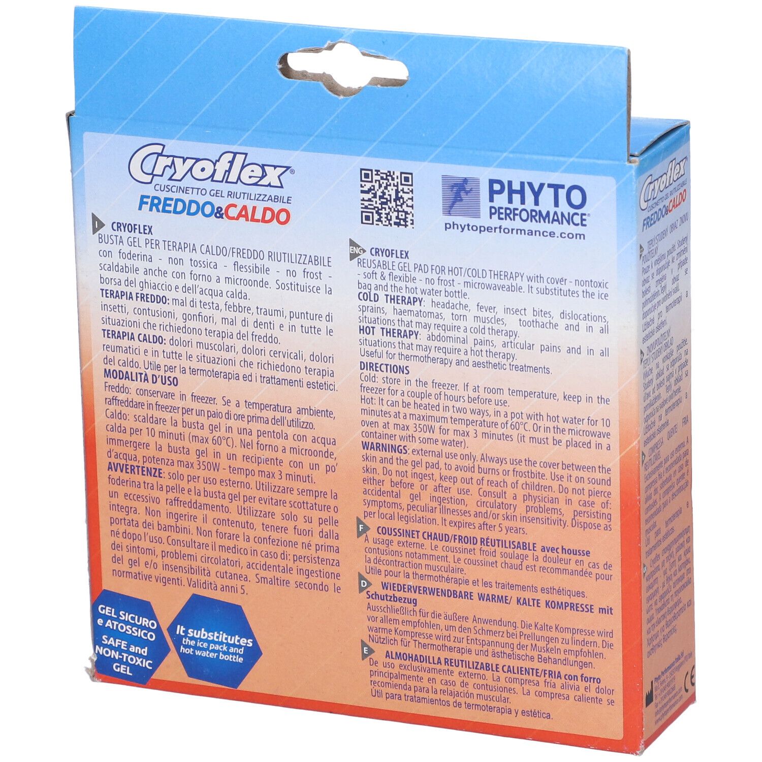 Retro della confezione. Scritta Cryoflex, Freddo&Caldo. Marchio Phyto Performance. Informazioni.