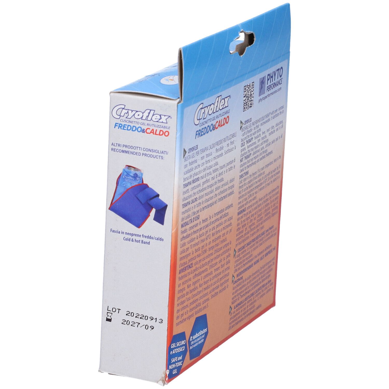 Confezione con cuscino in gel. Scritta Cryoflex, Freddo&Caldo. Marchio Phyto Performance. Numero di lotto.