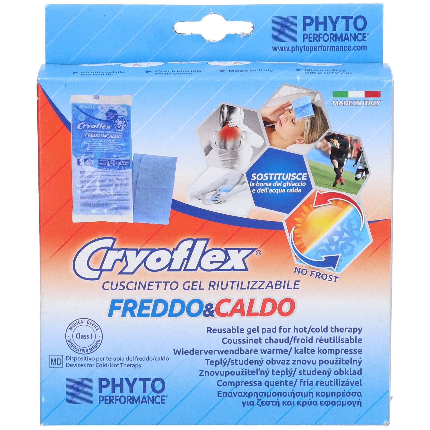 Confezione con cuscino in gel. Scritta Cryoflex, Freddo&Caldo. Marchio Phyto Performance. Made in Italy.
