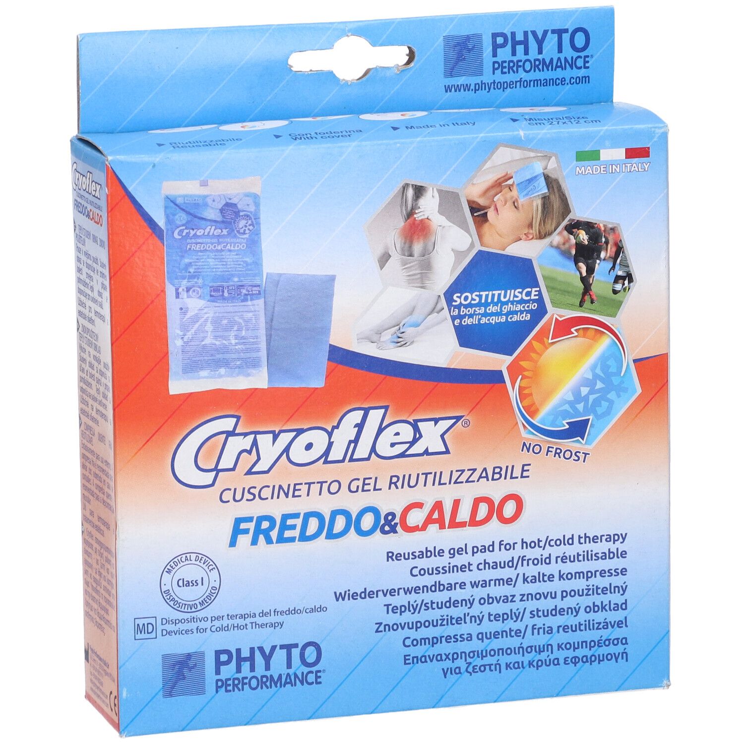 Confezione con cuscino in gel. Scritta Cryoflex, Freddo&Caldo. Marchio Phyto Performance. Made in Italy.