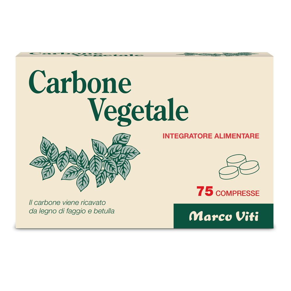 Scatola 'Carbone Vegetale'. Scritte: 'Integratore Alimentare', '75 Compresse', 'Marco Viti'. Illustrazione di foglie e compresse.
