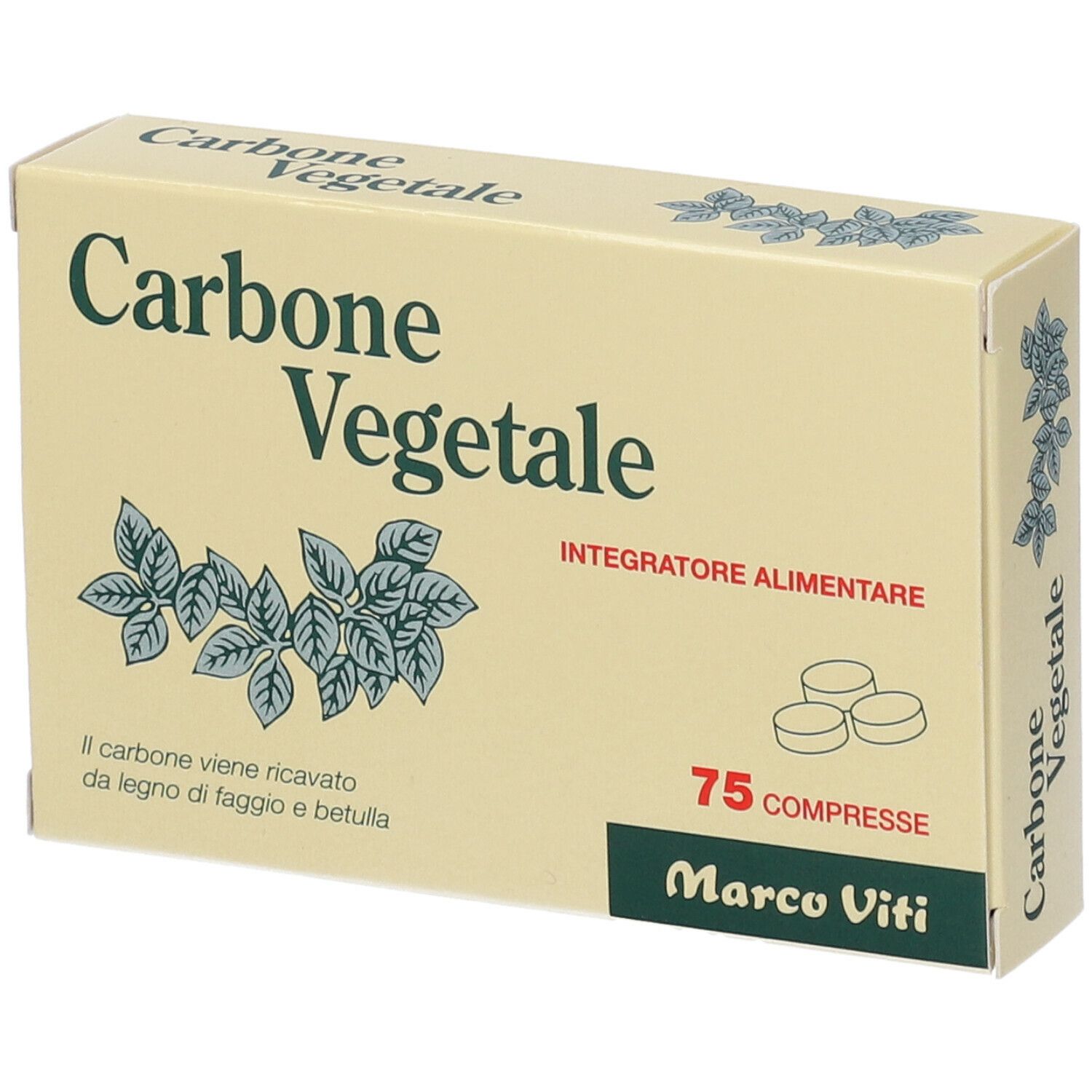 Scatola 'Carbone Vegetale' angolata. Scritte: 'Integratore Alimentare', '75 Compresse', 'Marco Viti'. Illustrazione di foglie e compresse.