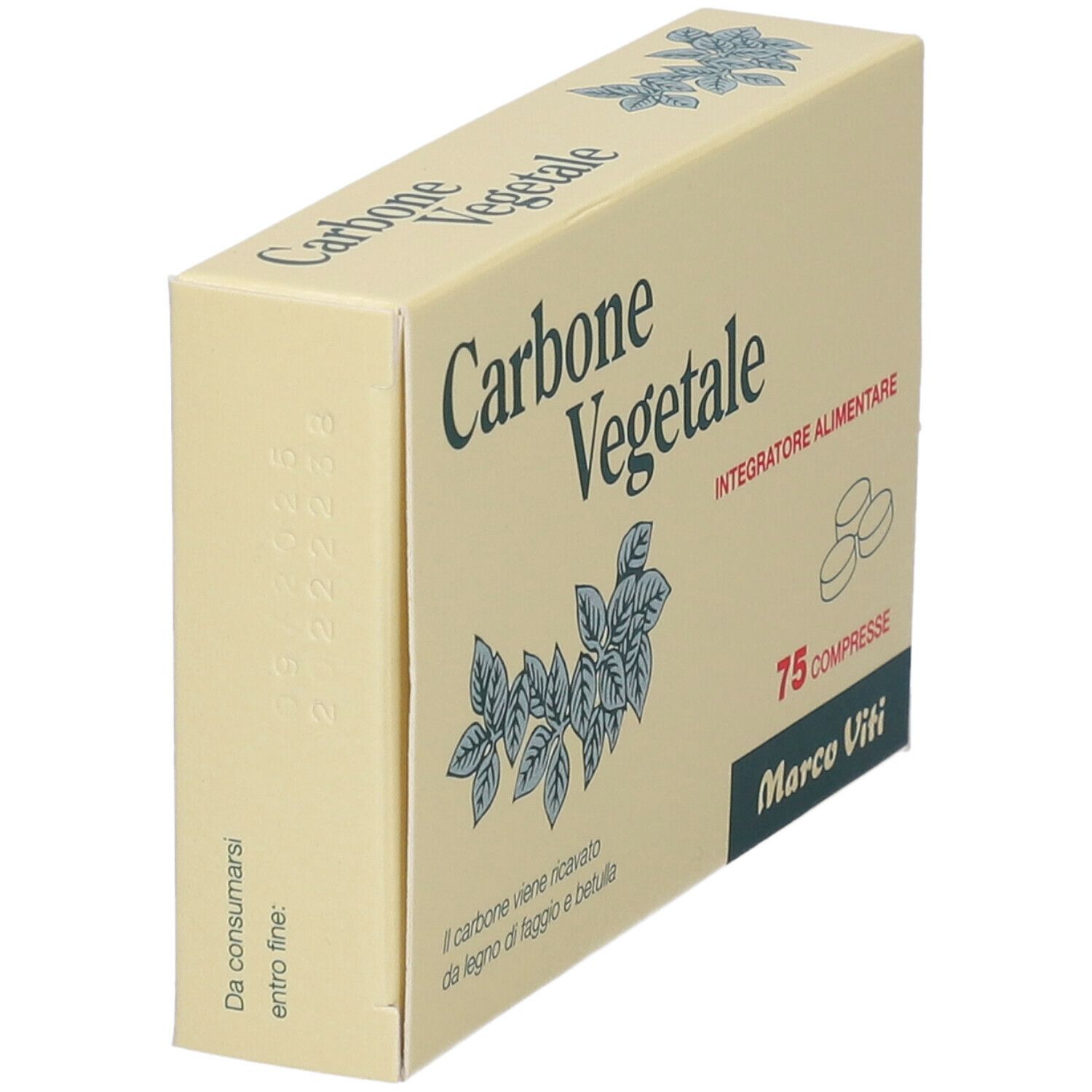 Scatola 'Carbone Vegetale' angolata. Scritte: 'Integratore Alimentare', '75 Compresse', 'Marco Viti'. Vista laterale della confezione.