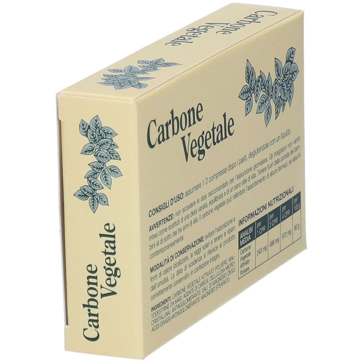 Scatola 'Carbone Vegetale' angolata. Scritte: 'Integratore Alimentare', '75 Compresse', 'Marco Viti'. Retro con testo.
