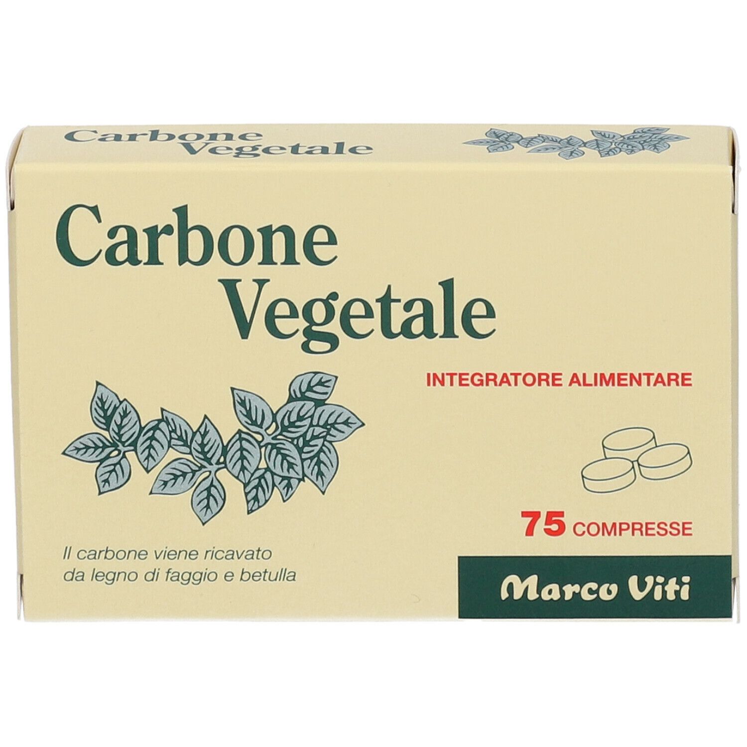 Scatola 'Carbone Vegetale'. Scritte: 'Integratore Alimentare', '75 Compresse', 'Marco Viti'. Illustrazione di foglie e compresse.