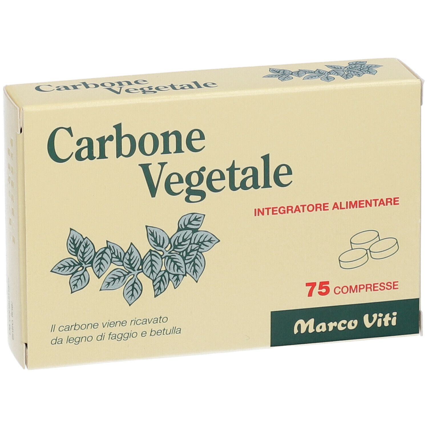 Scatola 'Carbone Vegetale'. Scritte: 'Integratore Alimentare', '75 Compresse', 'Marco Viti'. Illustrazione di foglie e compresse.