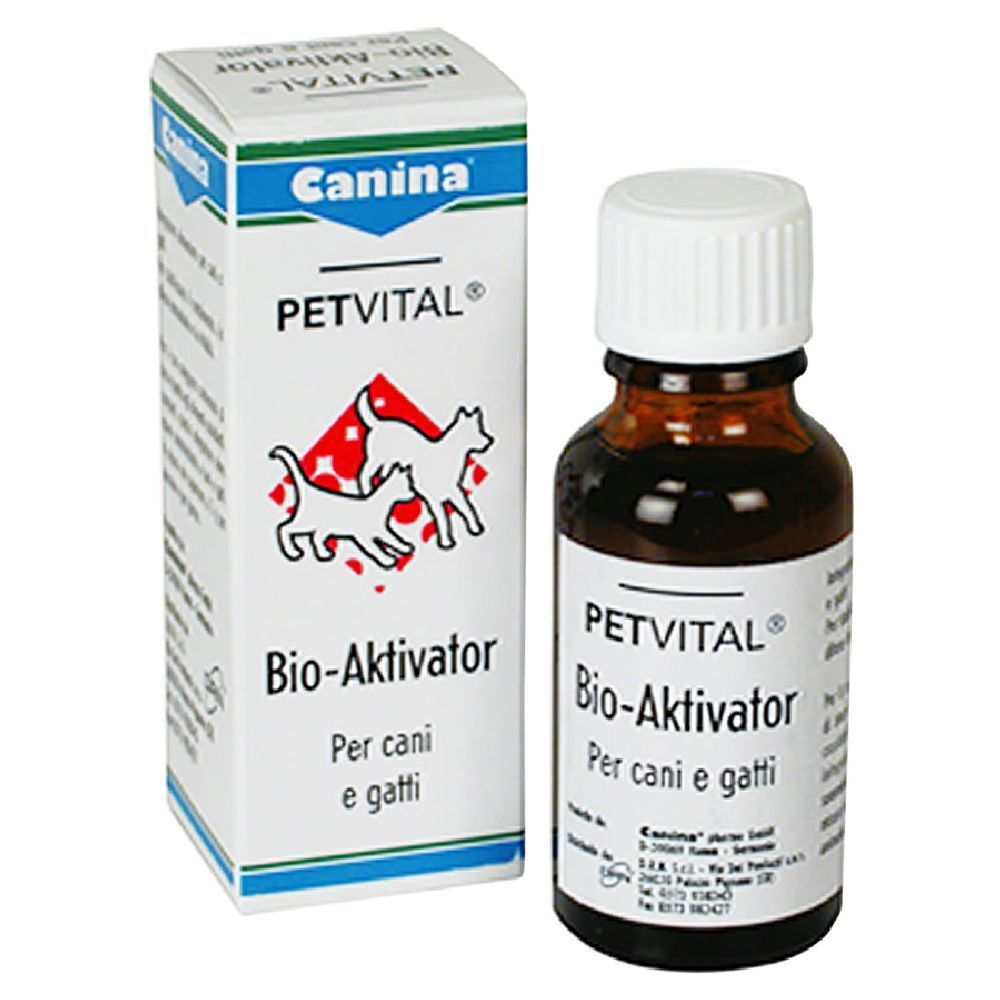 Flacone in vetro marrone e scatola con testo PETVITAL Bio-Aktivator. Per cani e gatti. Marchio Canina.
