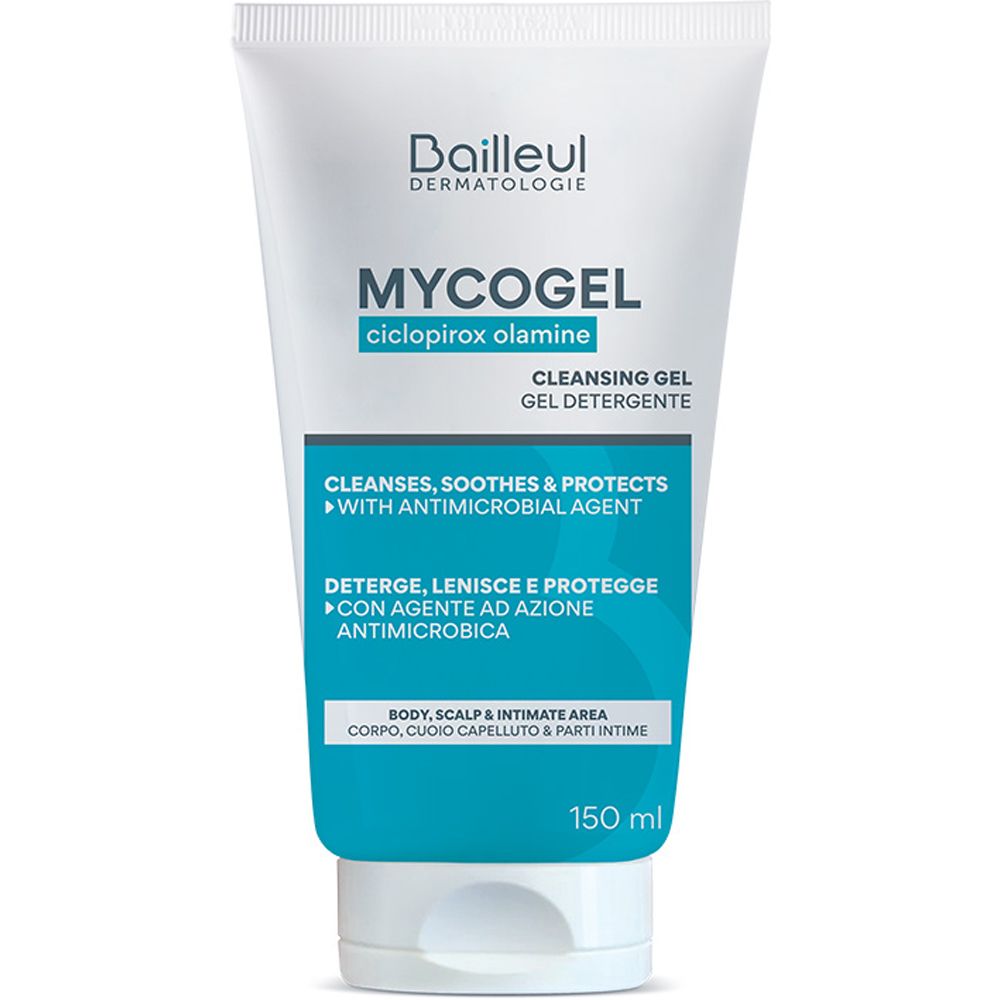 Tube blanche et bleue avec nom et texte du produit. Contient 150 ml. Texte : Gel nettoyant, avec agent antimicrobien.