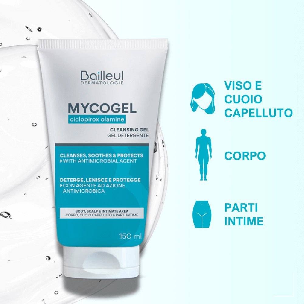 Tube de produit avec zones d'application : visage, cuir chevelu, corps et zone intime. 150 ml.