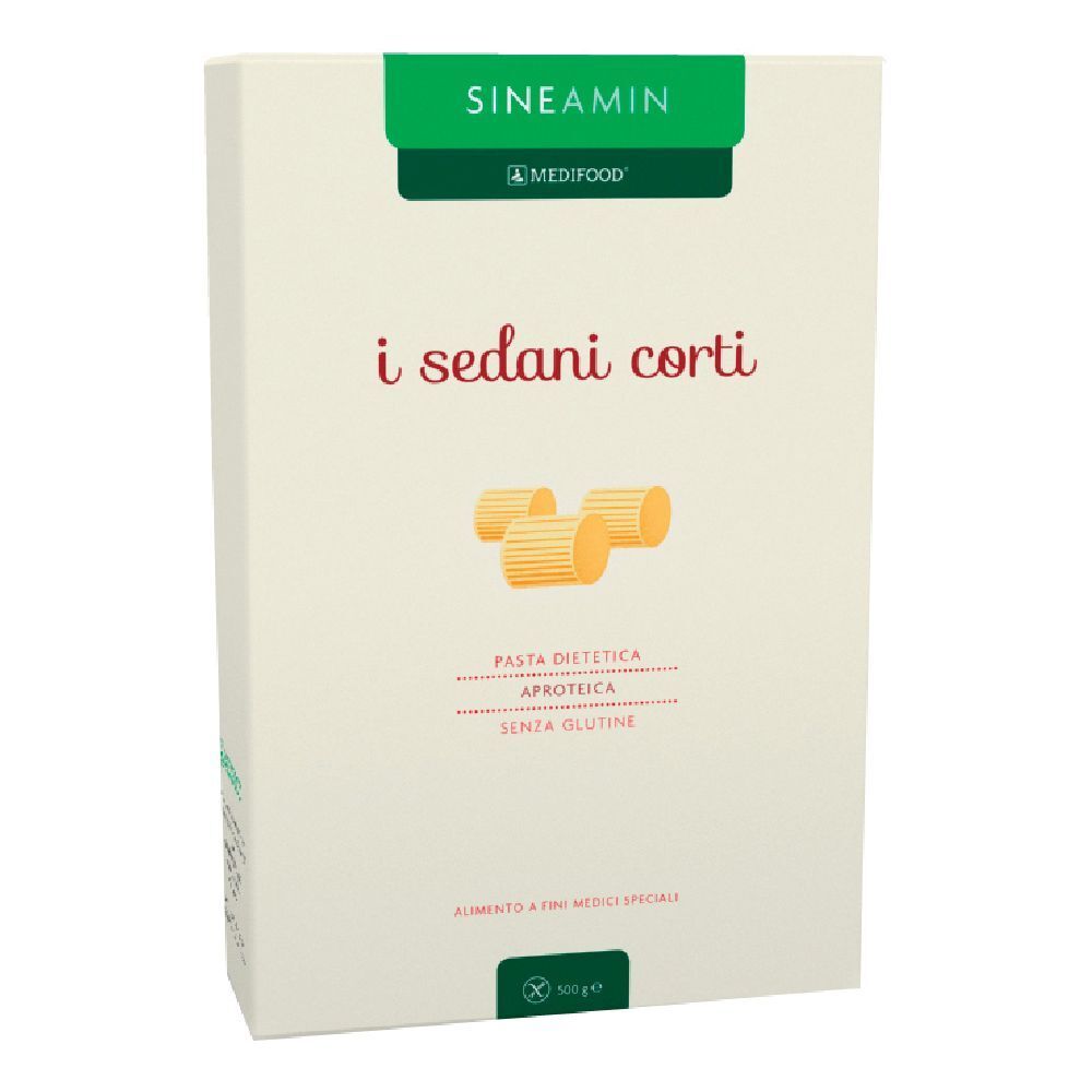 Confezione di Sineamin i sedani corti. Scatola verde e bianca con nome del prodotto e illustrazione della pasta. Senza glutine.