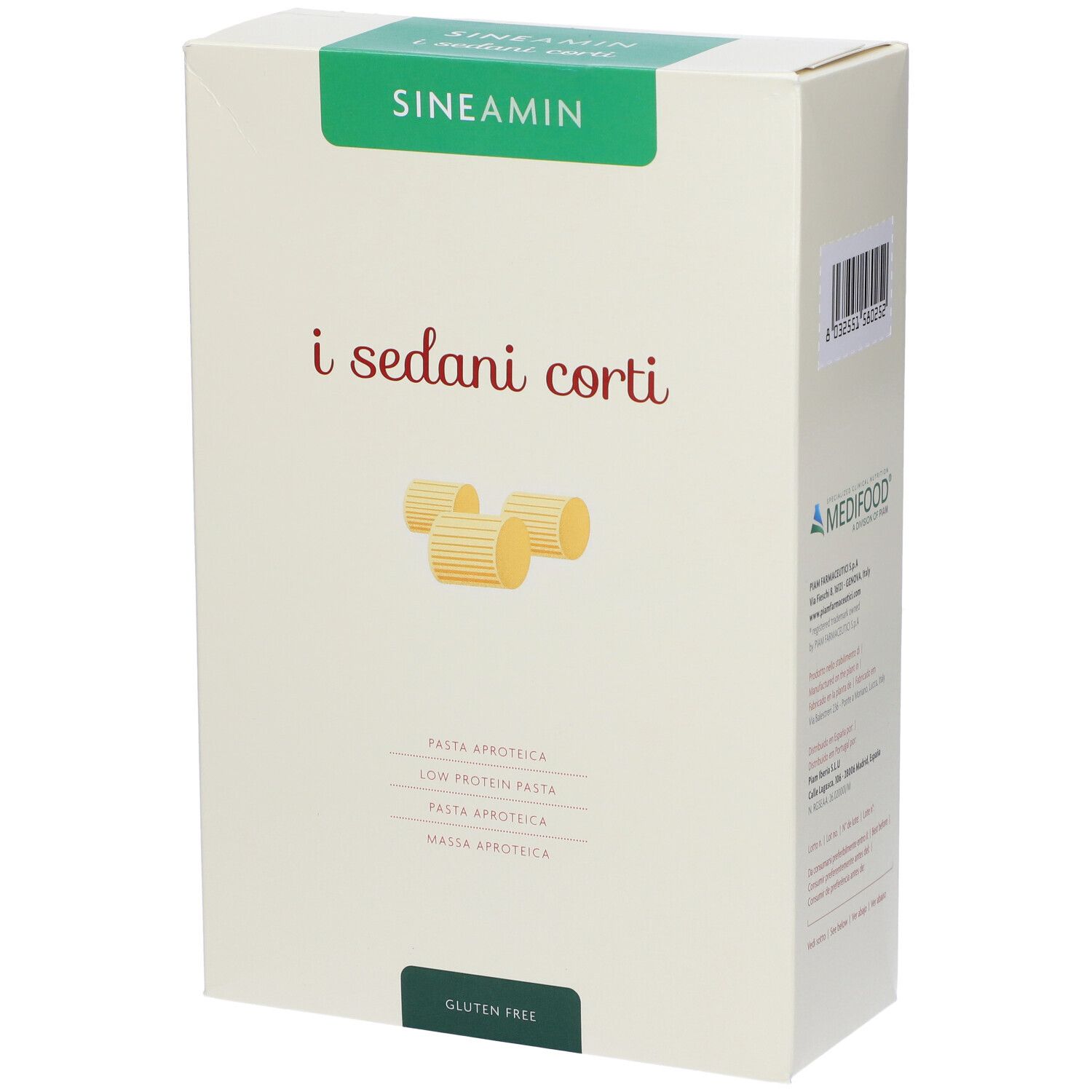 Confezione di Sineamin i sedani corti. Scatola verde e bianca con nome del prodotto e illustrazione della pasta. Senza glutine.