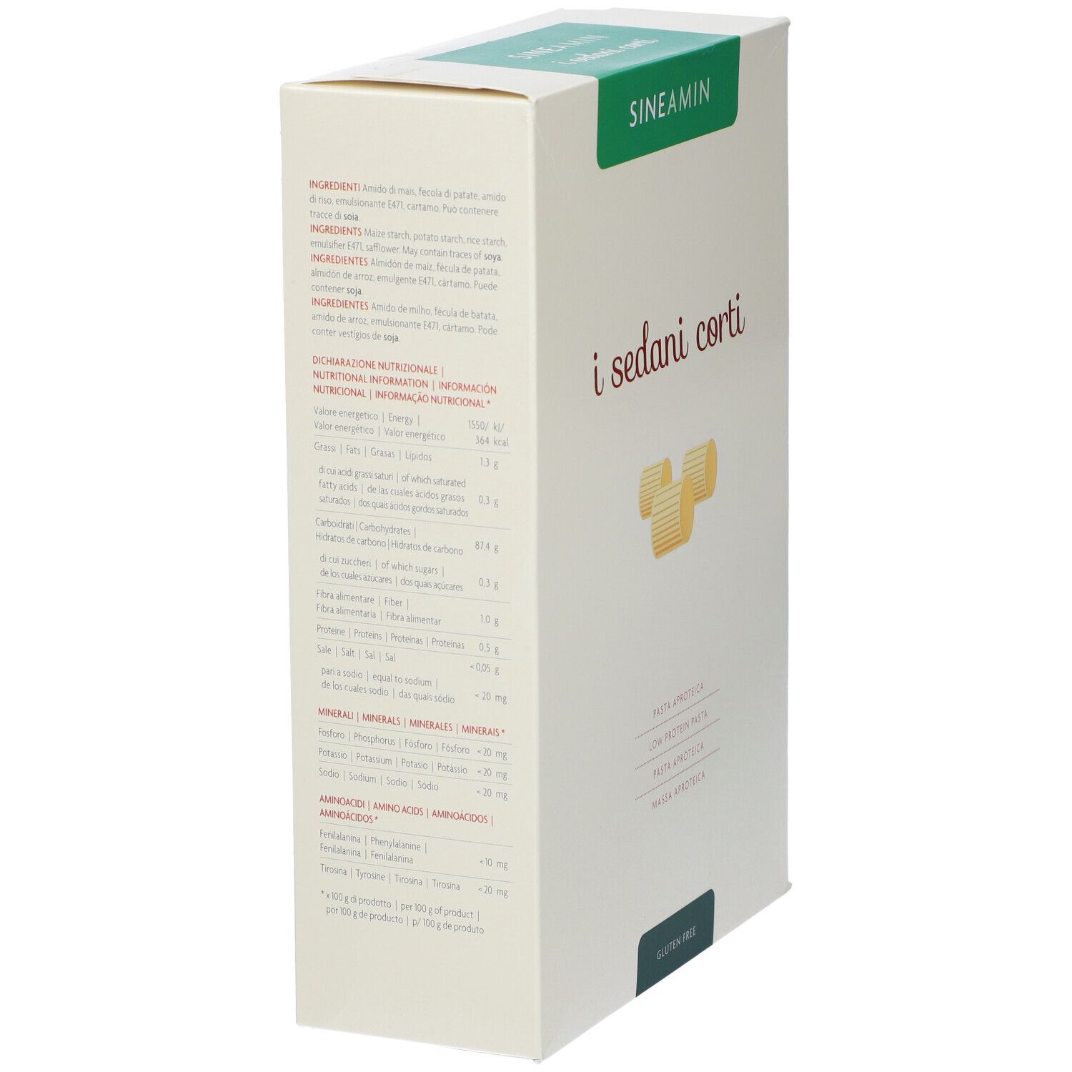 Retro della confezione Sineamin i sedani corti. Informazioni nutrizionali e ingredienti. Testo multilingue.