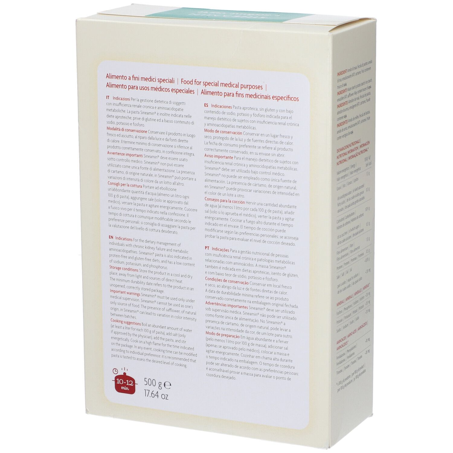 Retro della confezione Sineamin i sedani corti. Testo multilingue, incluso 'Food for special medical purposes'.