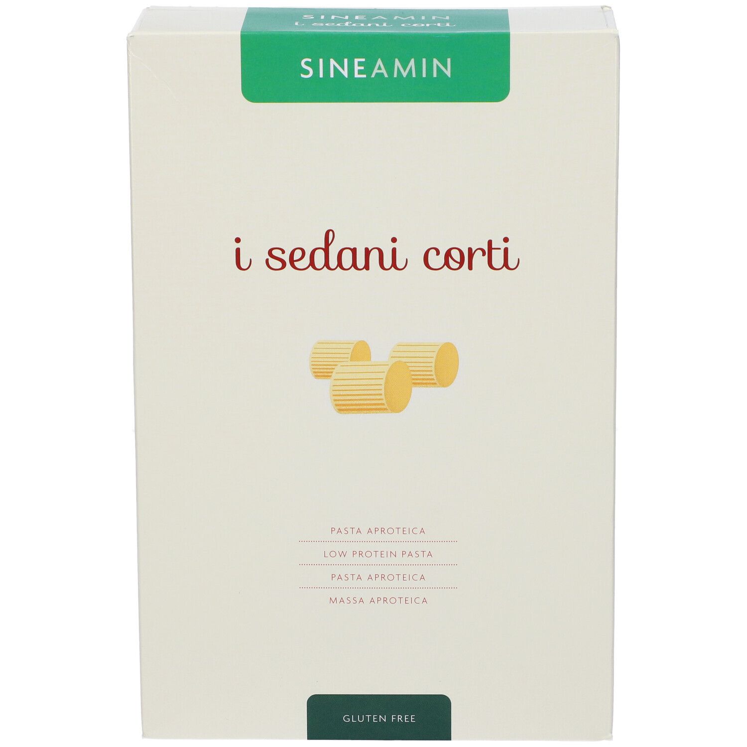 Confezione di Sineamin i sedani corti. Scatola verde e bianca con nome del prodotto e illustrazione della pasta. Senza glutine.