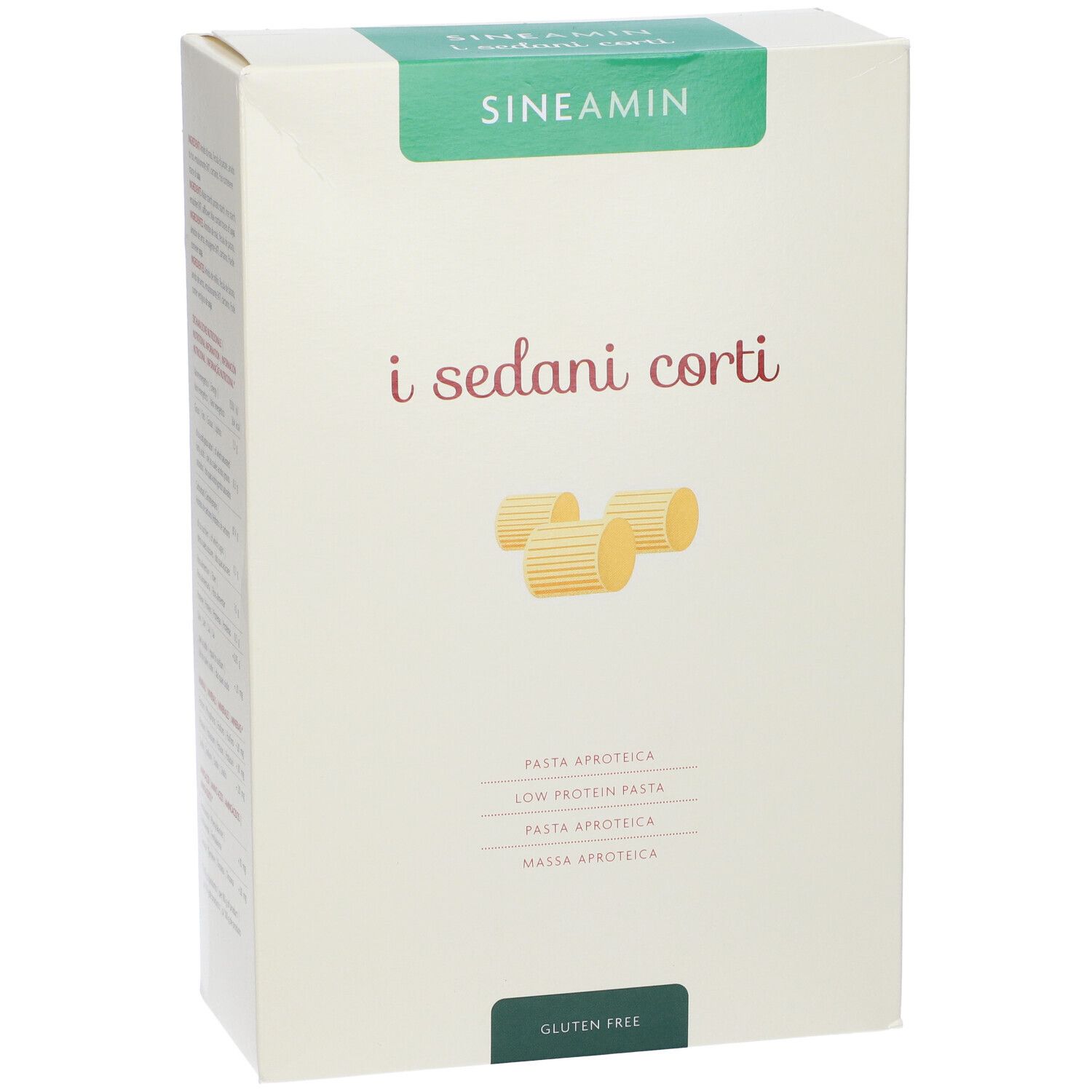 Confezione di Sineamin i sedani corti. Scatola verde e bianca con nome del prodotto e illustrazione della pasta. Senza glutine.