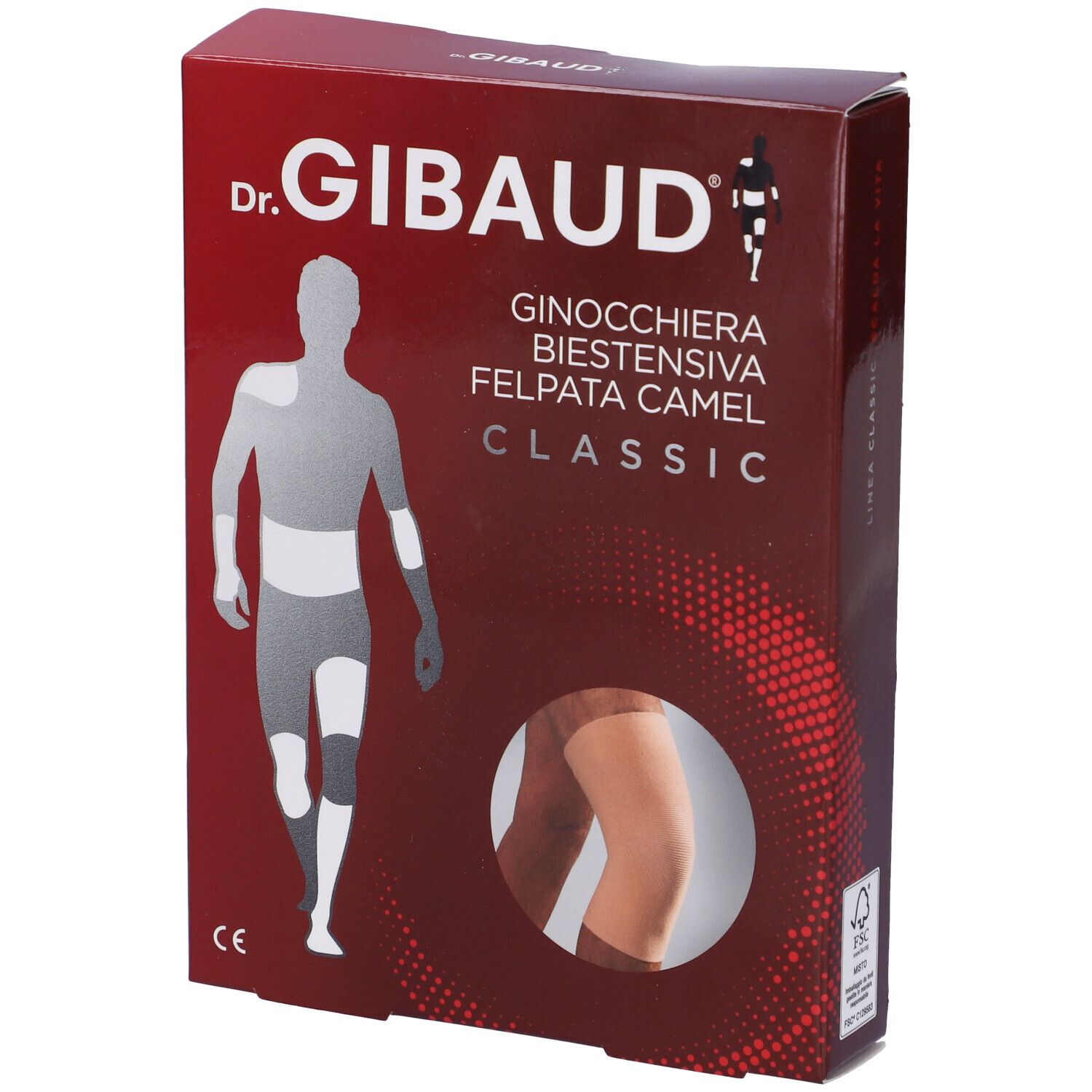 Confezione ginocchiera Dr. Gibaud. Scritta: Ginocchiera Biestensiva Felpata Camel Classic. Marchio CE.