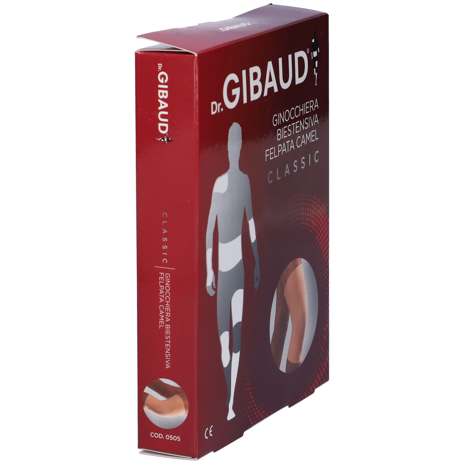 Confezione ginocchiera Dr. Gibaud in diagonale. Scritta: Ginocchiera Biestensiva Felpata Camel Classic. Codice 0505.