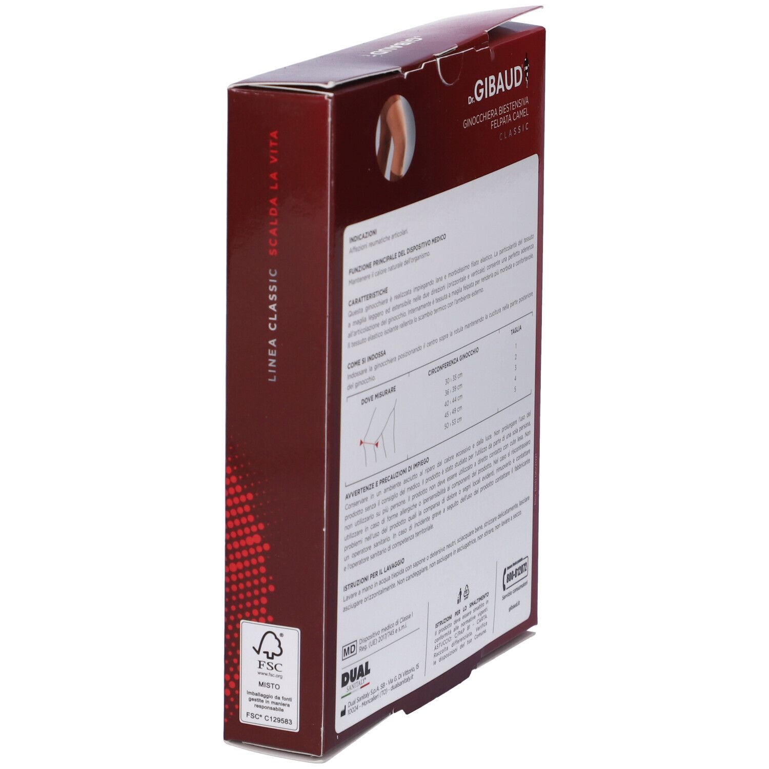 Lato confezione ginocchiera Dr. Gibaud. Testo in italiano. Logo FSC. Marchio CE.
