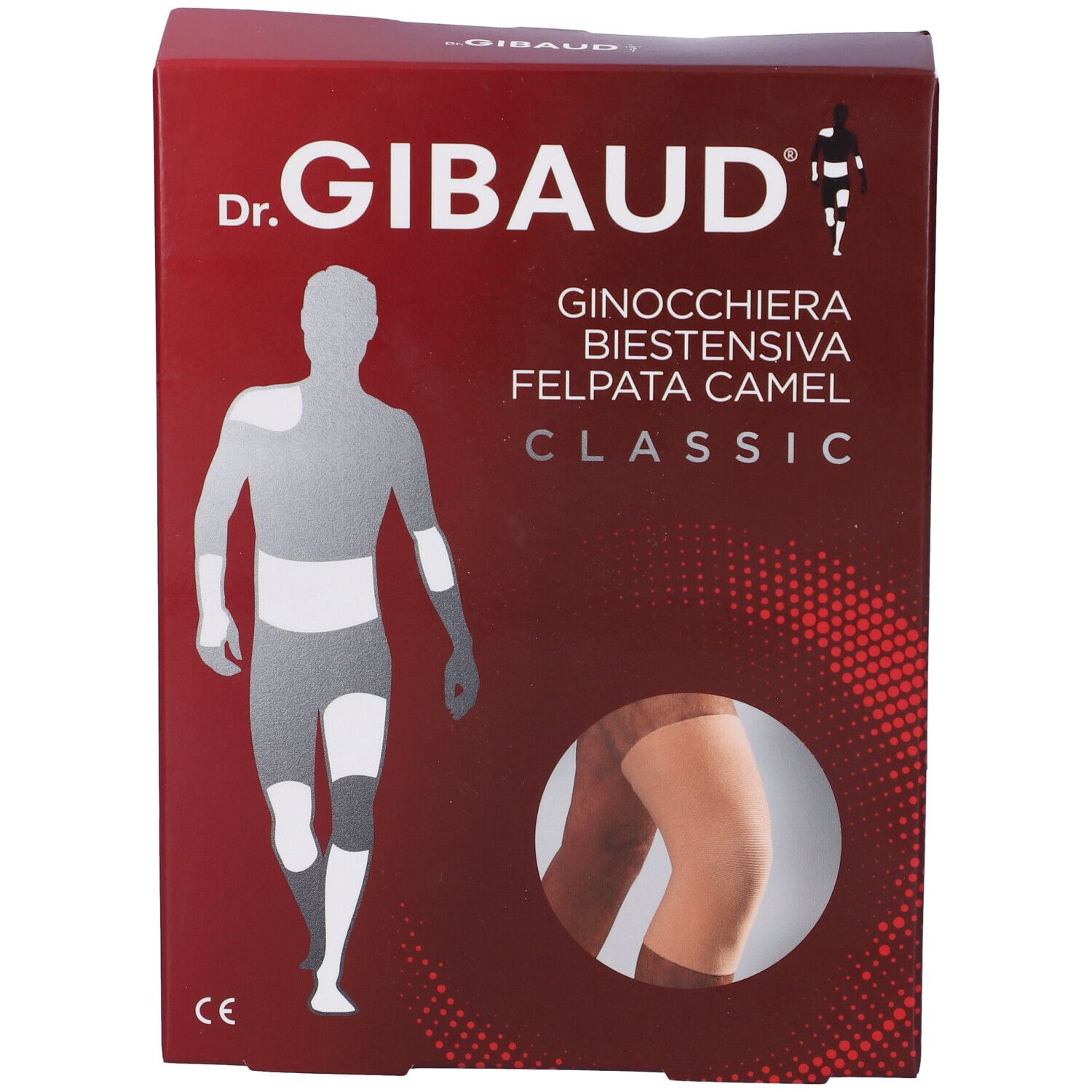 Confezione ginocchiera Dr. Gibaud. Scritta: Ginocchiera Biestensiva Felpata Camel Classic. Marchio CE.