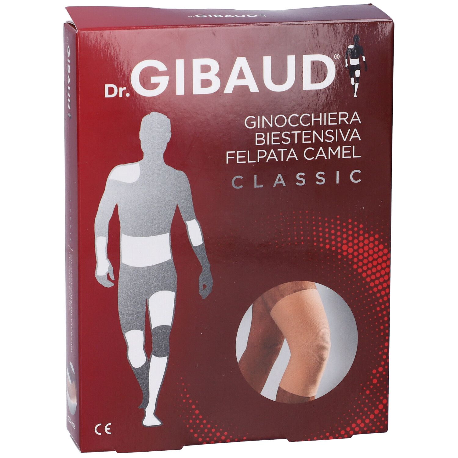 Confezione ginocchiera Dr. Gibaud. Scritta: Ginocchiera Biestensiva Felpata Camel Classic. Marchio CE.