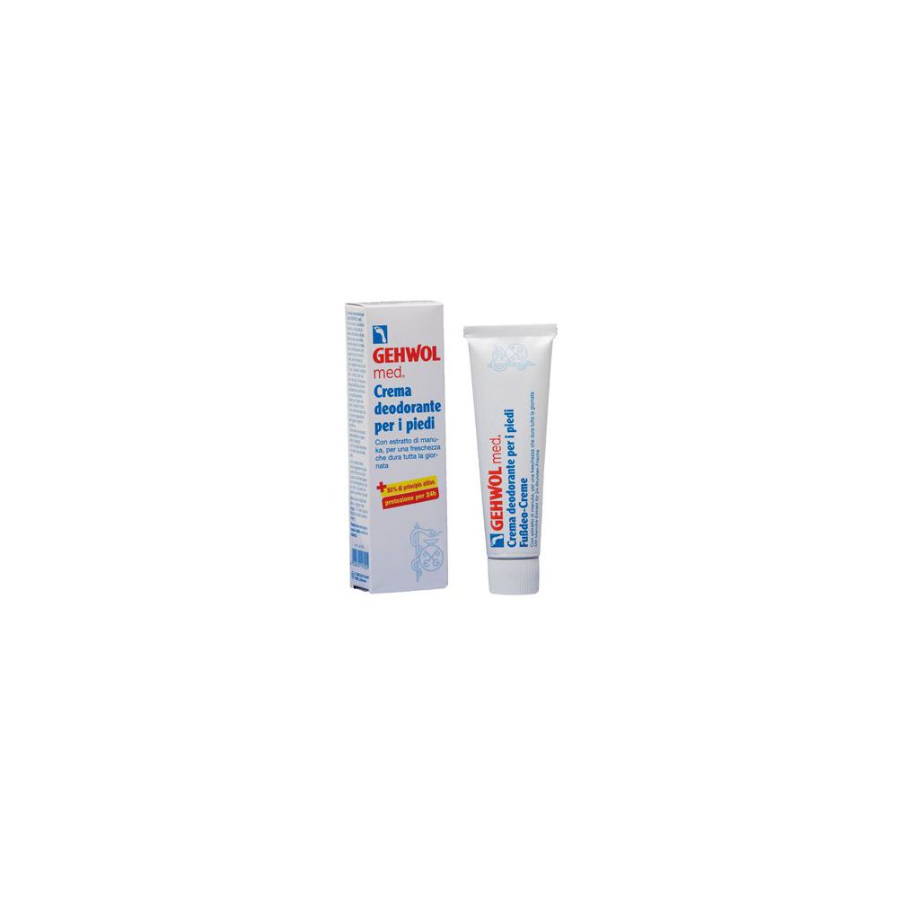 Gehwol med. Crema deodorante per i piedi. Tubo e confezione. Bianco, blu, rosso. Nome del prodotto e logo visibili.