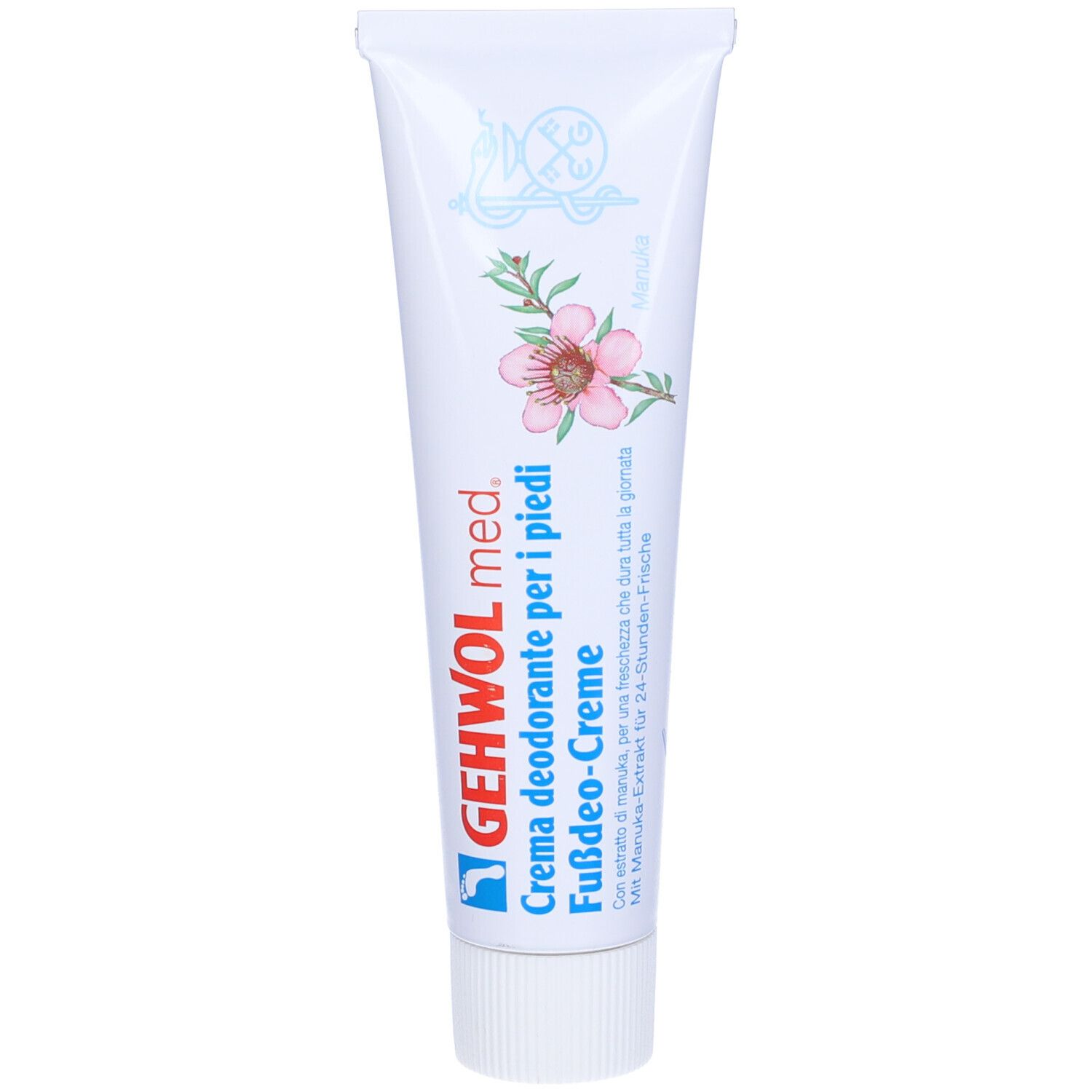 Tubo di crema deodorante per i piedi Gehwol med. Bianco con design floreale. Nome del prodotto e logo visibili. Tappo a vite.