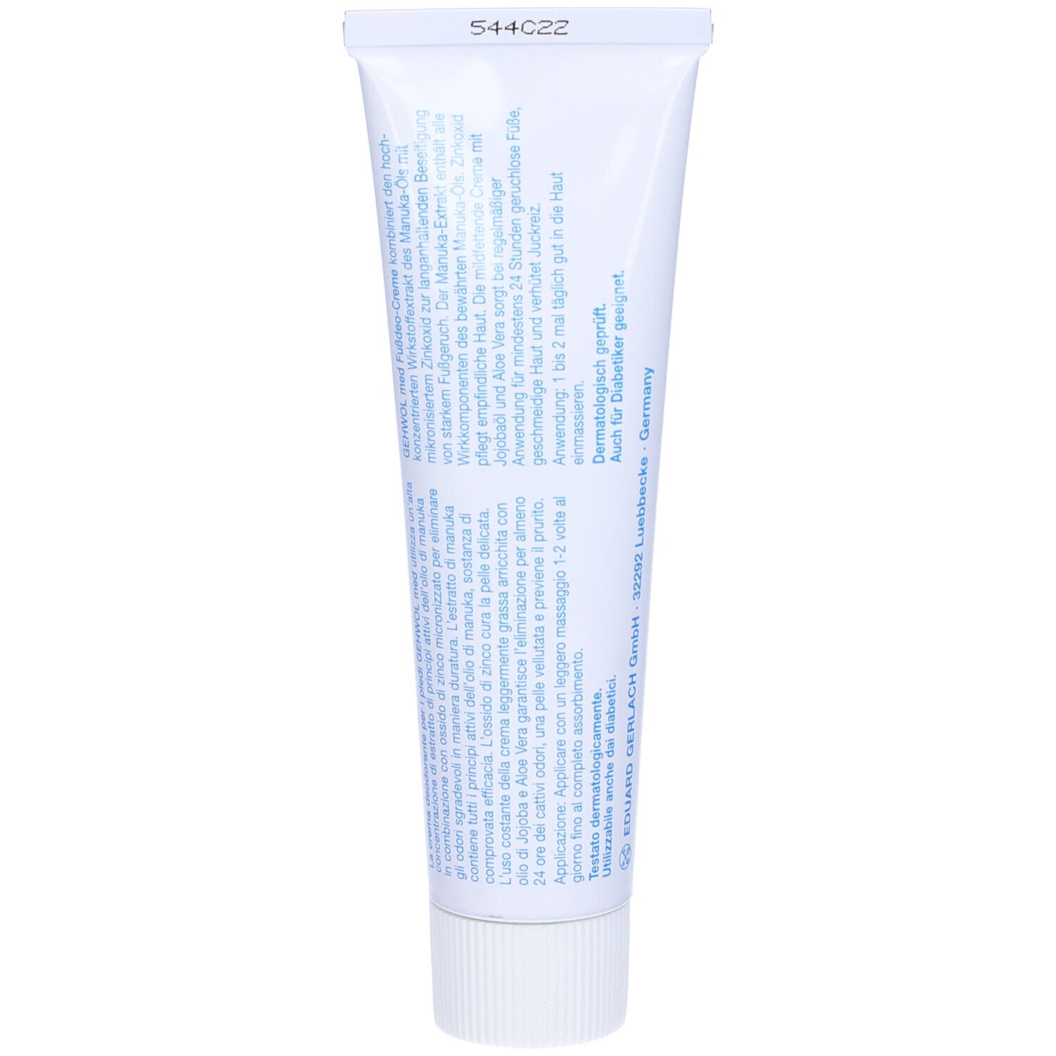 Retro del tubo di crema deodorante per i piedi Gehwol med. Testo in più lingue. Sfondo bianco. Tappo a vite.