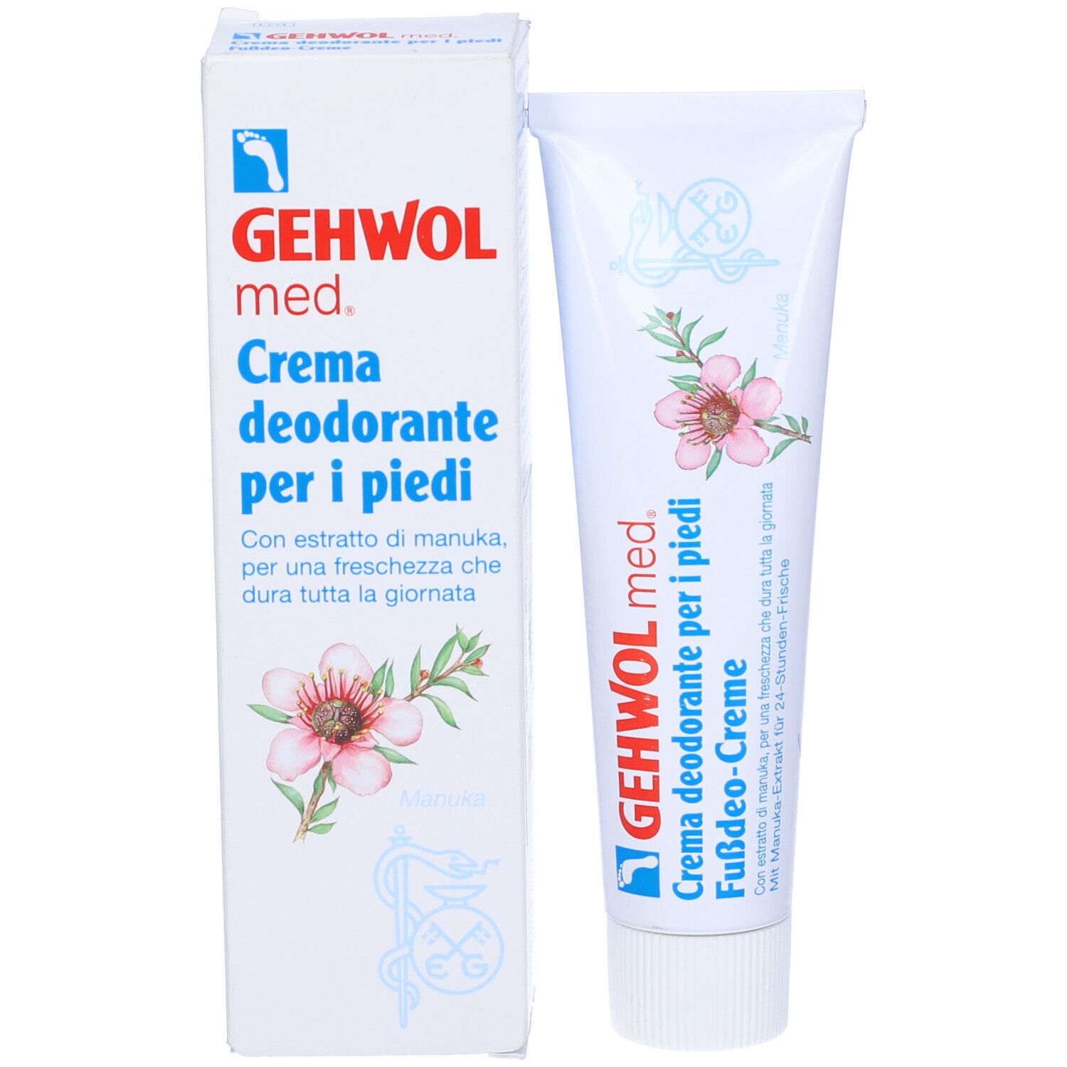 Gehwol med. Crema deodorante per i piedi e tubo. Confezione e tubo con design floreale. Nome del prodotto e logo visibili.