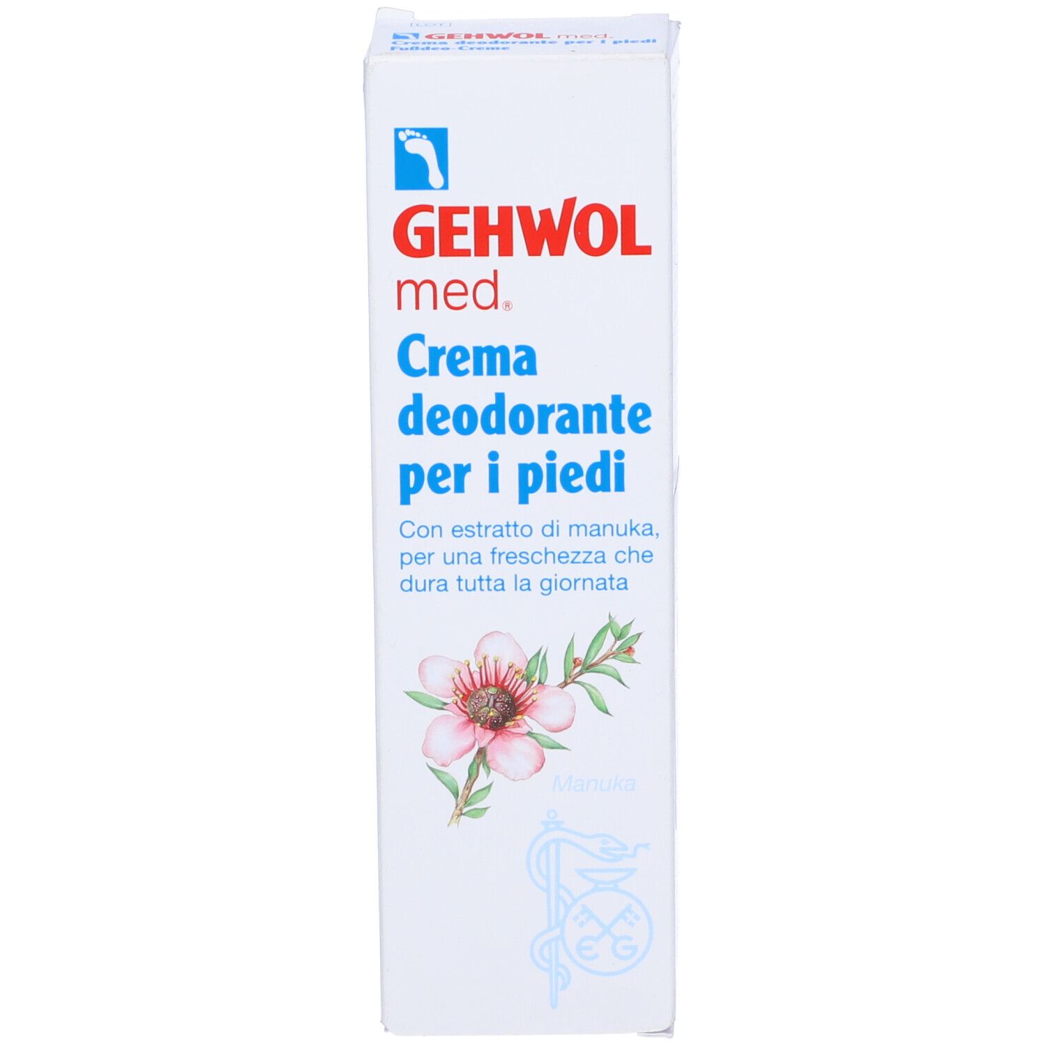 Confezione Gehwol med. Crema deodorante per i piedi. Bianco con design floreale. Nome del prodotto e logo visibili.