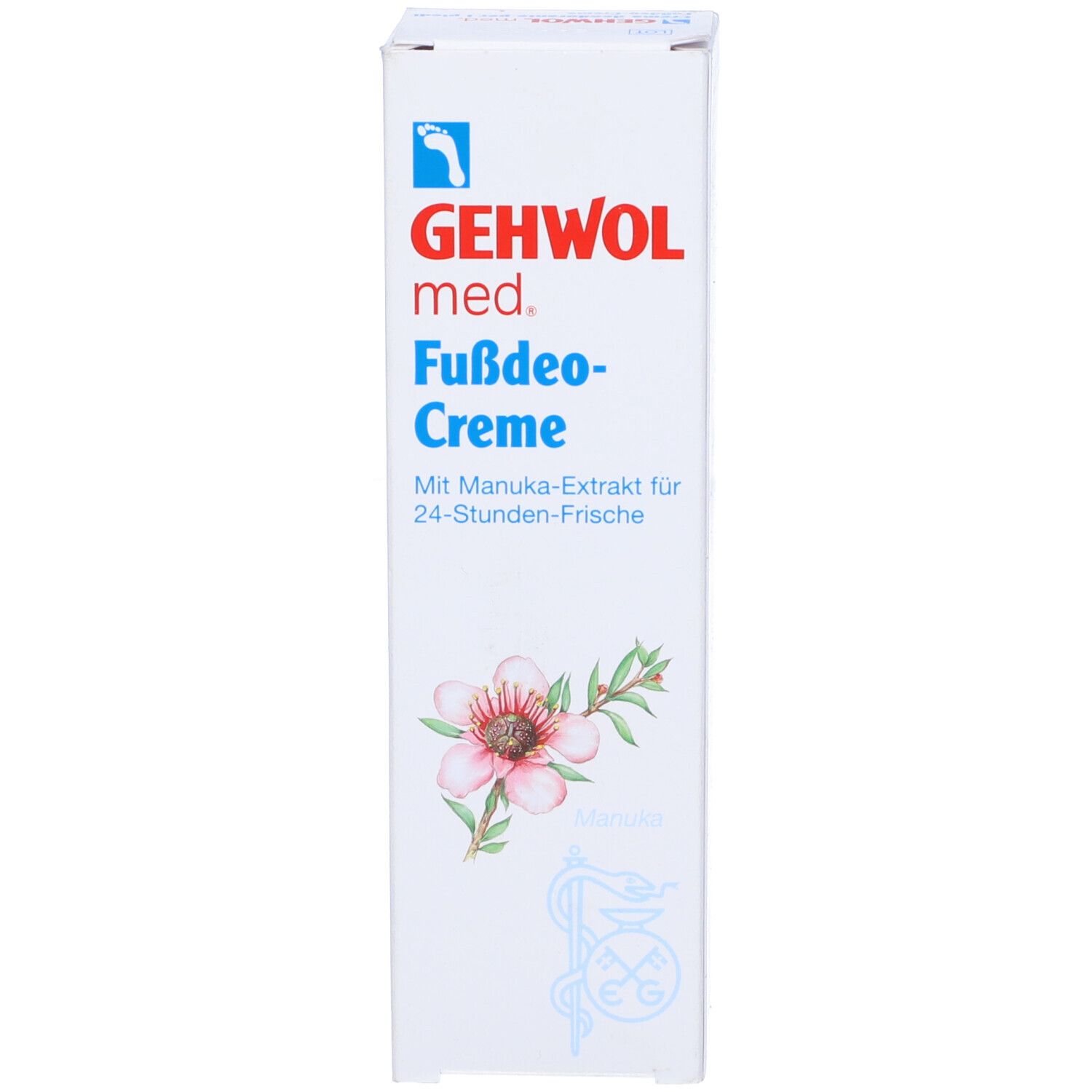 Confezione Gehwol med. Fußdeo-Creme. Bianco con design floreale. Nome del prodotto e logo visibili.