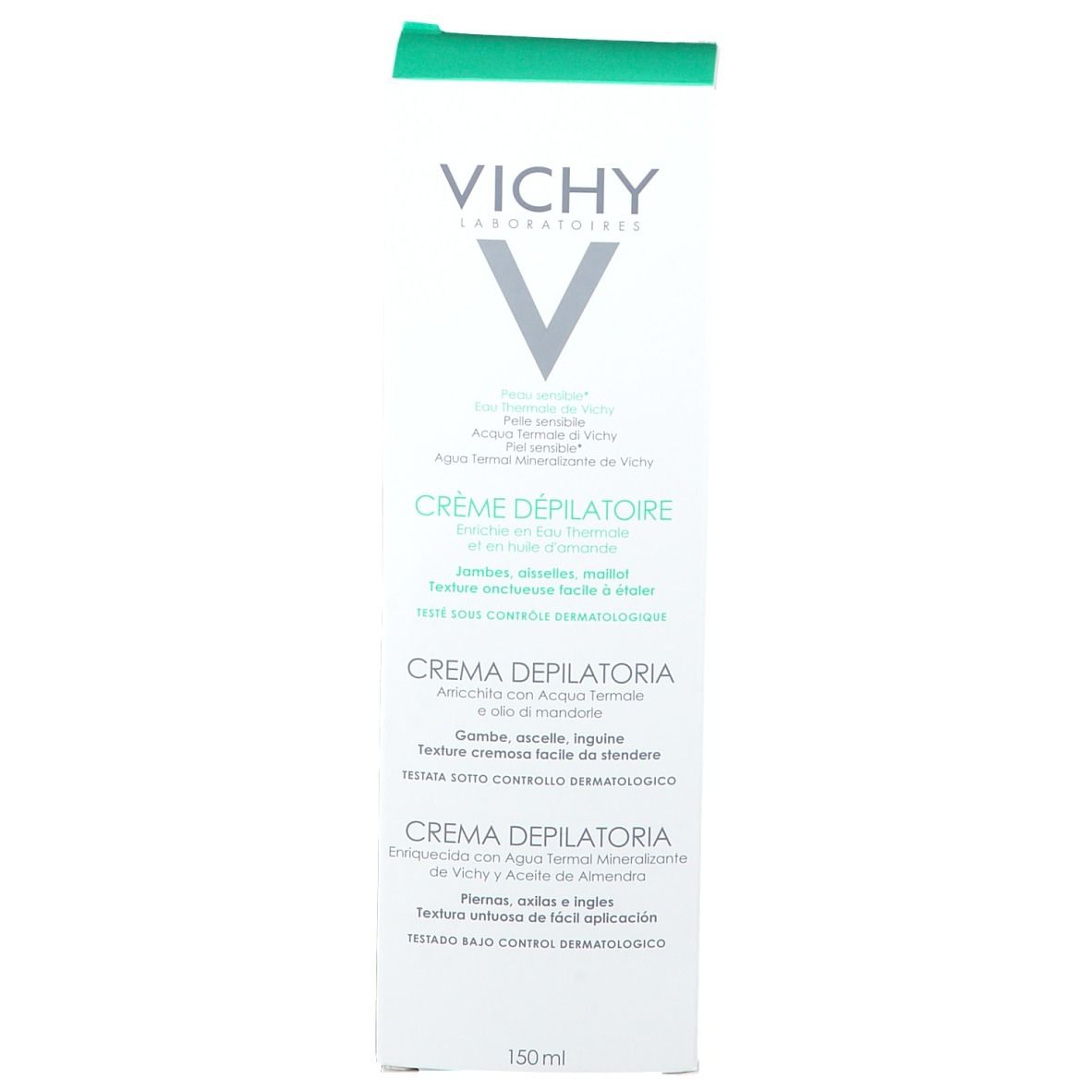Confezione del prodotto. Scritto: VICHY, Crème Dépilatoire. Testo in francese, italiano, spagnolo e inglese. 150 ml.