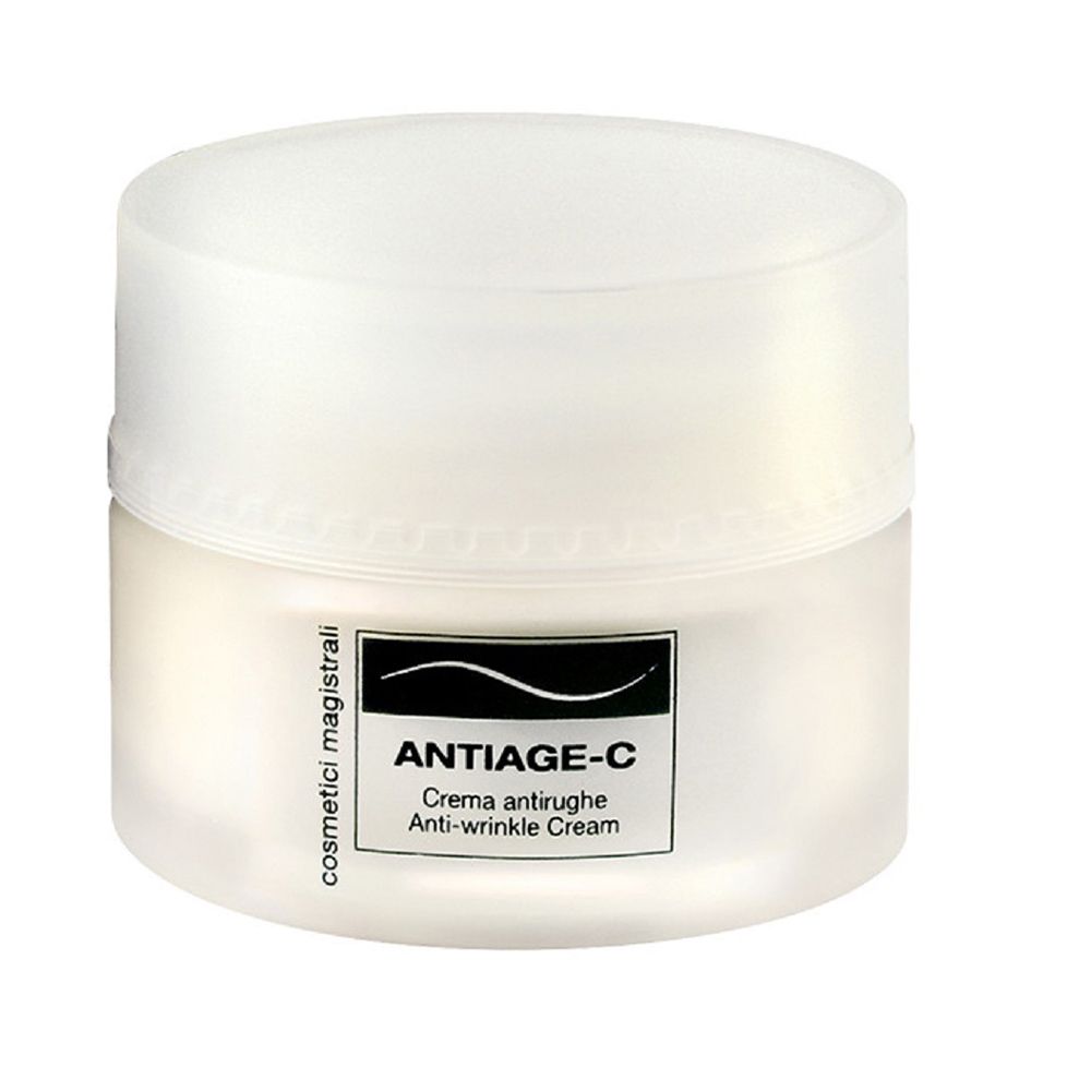 Vasetto di crema con coperchio. Scritta: ANTIAGE-C, Crema antirughe, Anti-wrinkle Cream. Marchio: Cosmetici magistrali.