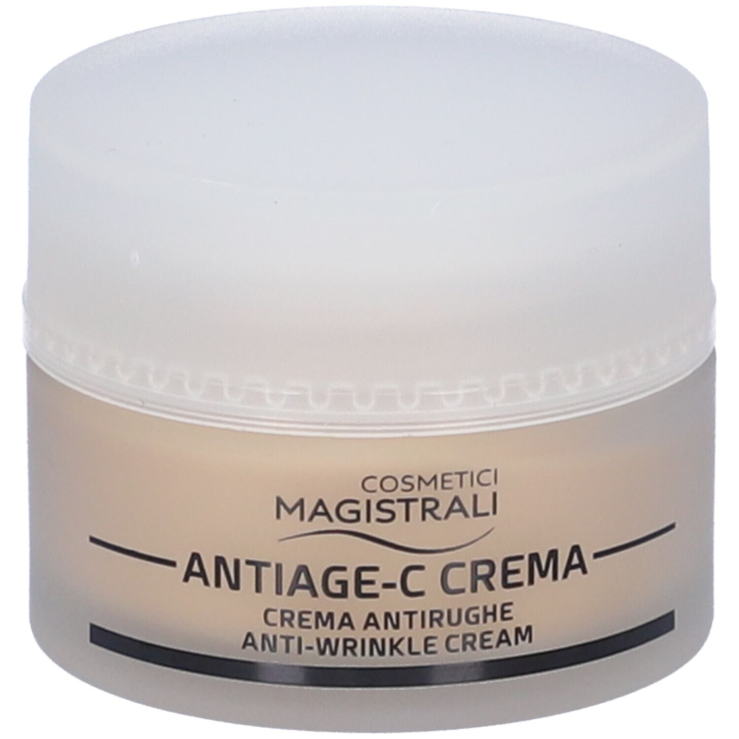 Vasetto di crema con coperchio. Scritta: ANTIAGE-C CREMA, Crema antirughe, Anti-wrinkle Cream. Marchio: Cosmetici magistrali.