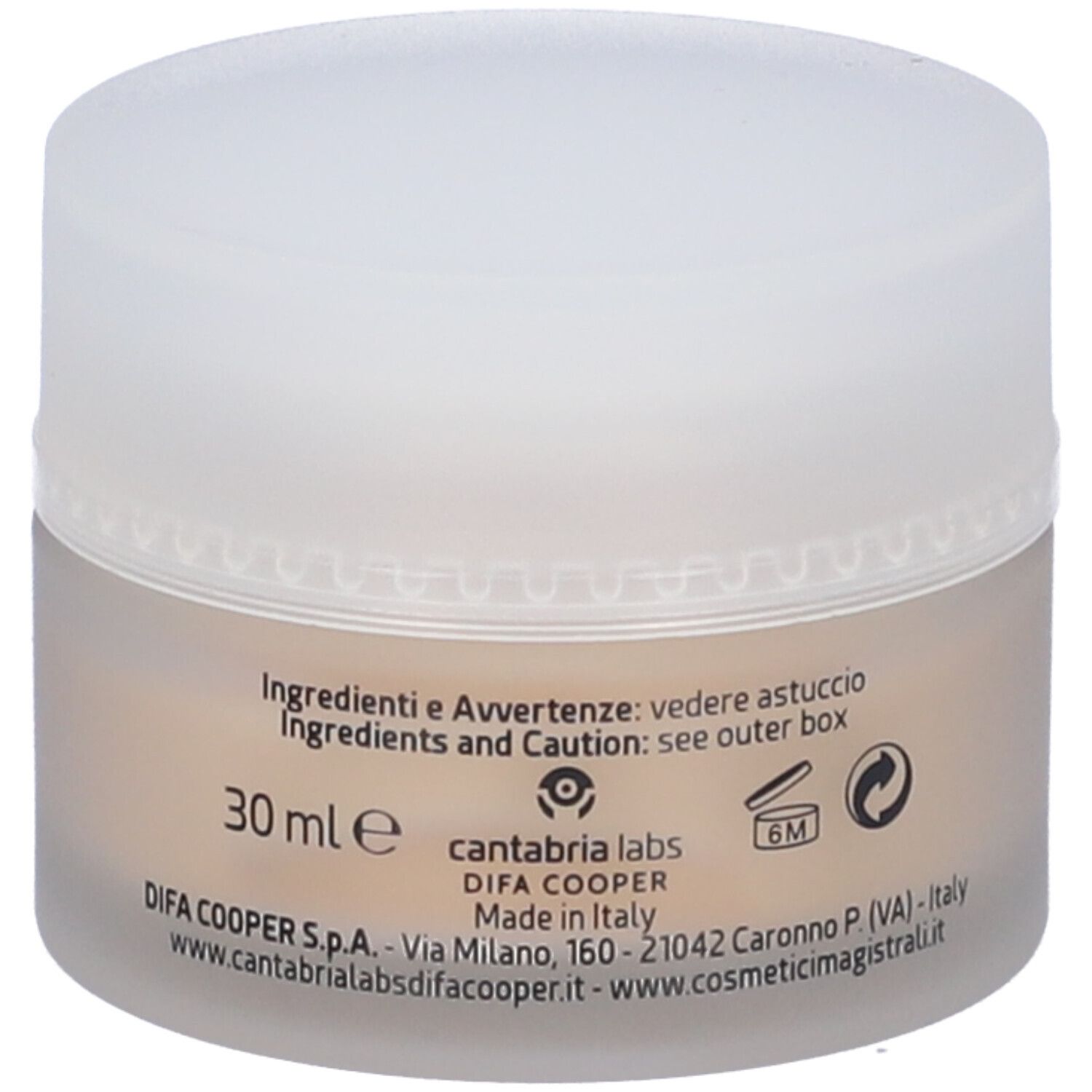 Vasetto di crema con coperchio. Scritta: ANTIAGE-C CREMA, Crema antirughe, Anti-wrinkle Cream. Marchio: Cosmetici magistrali. 30 ml.