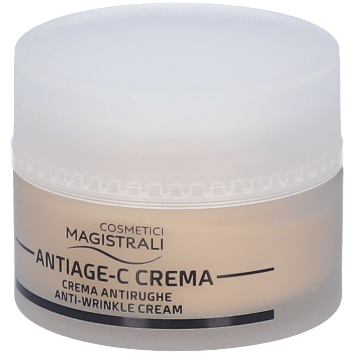 Vasetto di crema con coperchio. Scritta: ANTIAGE-C CREMA, Crema antirughe, Anti-wrinkle Cream. Marchio: Cosmetici magistrali.
