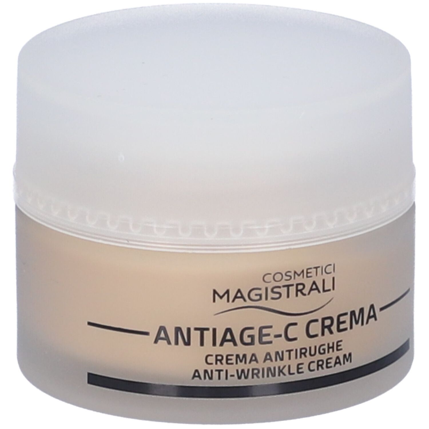 Vasetto di crema con coperchio. Scritta: ANTIAGE-C CREMA, Crema antirughe, Anti-wrinkle Cream. Marchio: Cosmetici magistrali.