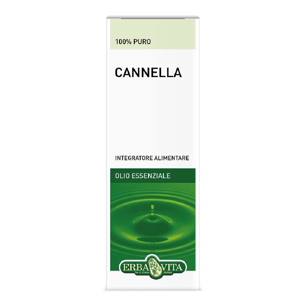 Confezione bianca con fascia verde. Scritta: CANNELLA, OLI ESSENZIALE, Integratore Alimentare. Logo Erba Vita.