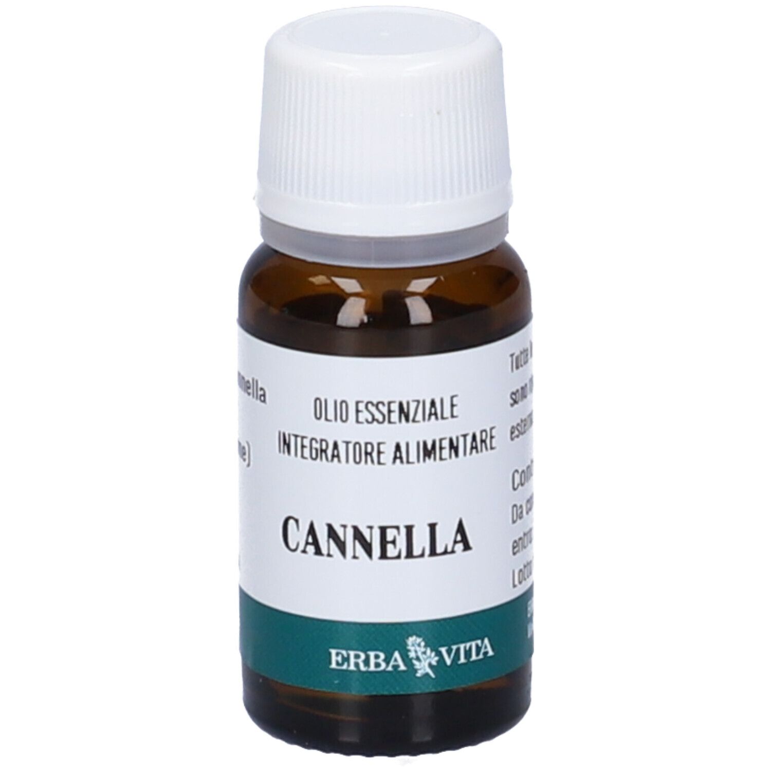 Flacone di vetro marrone con tappo bianco. Scritta: CANNELLA, OLI ESSENZIALE, Integratore Alimentare. Logo Erba Vita.