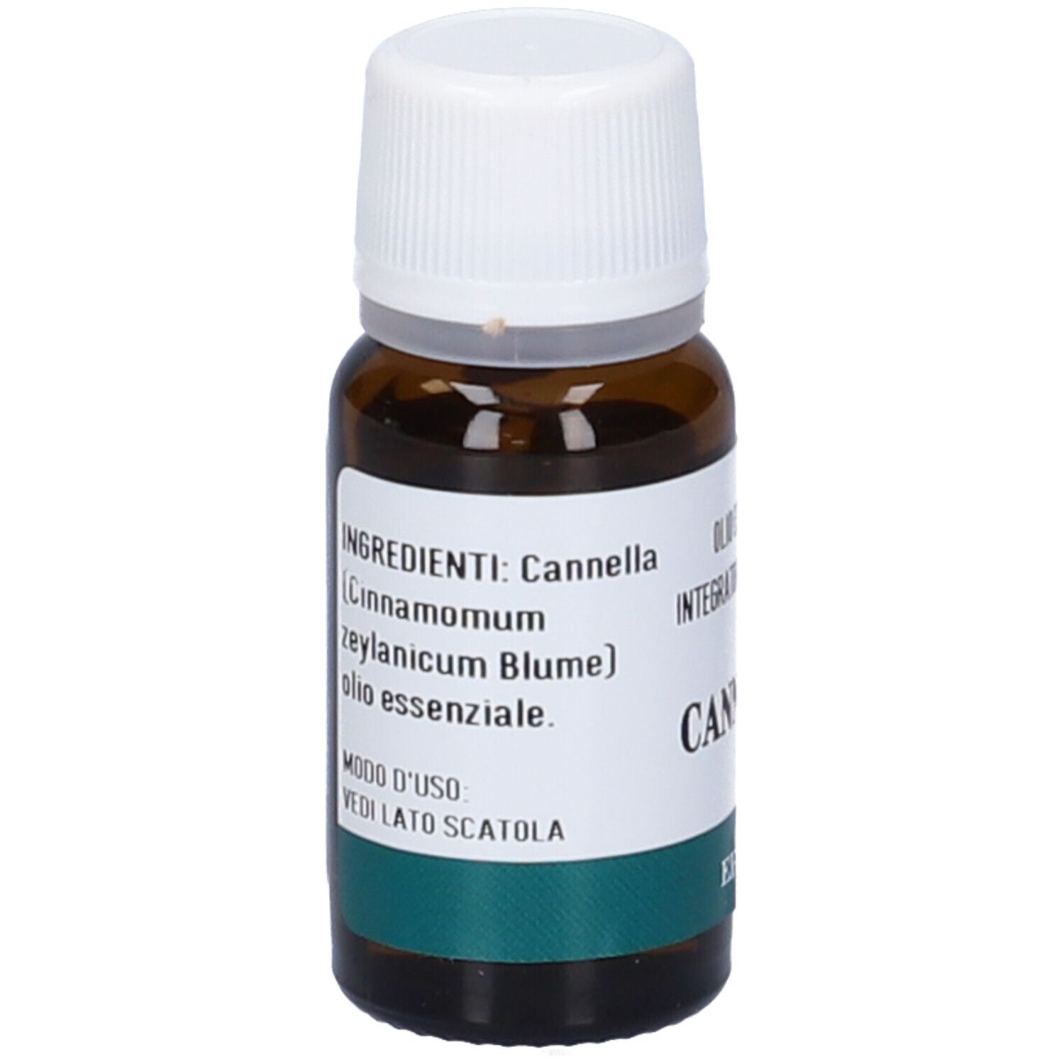 Flacone di vetro marrone con tappo bianco. Scritta: CANNELLA, OLI ESSENZIALE, Integratore Alimentare. Lista ingredienti.