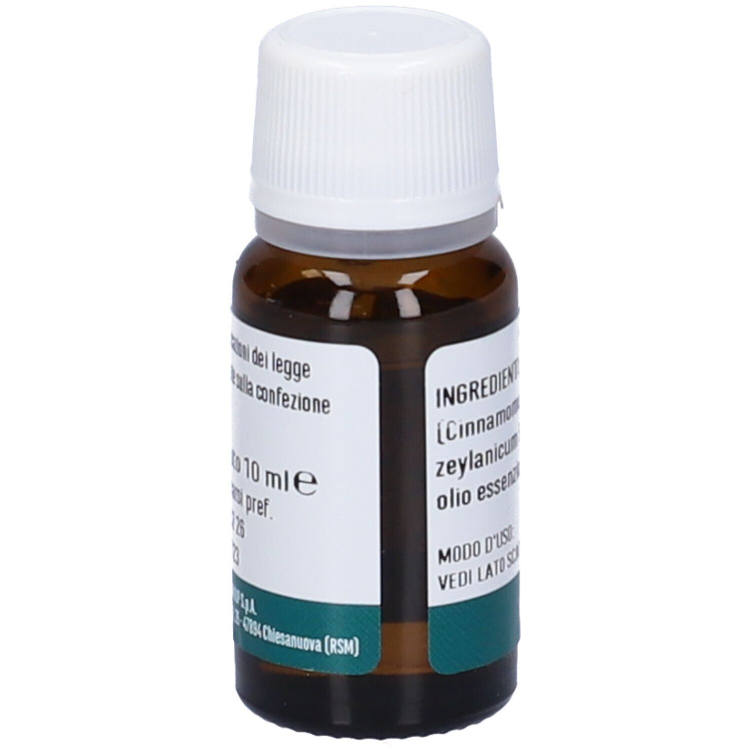 Flacone di vetro marrone con tappo bianco. Scritta: CANNELLA, OLI ESSENZIALE, Integratore Alimentare. Informazioni.