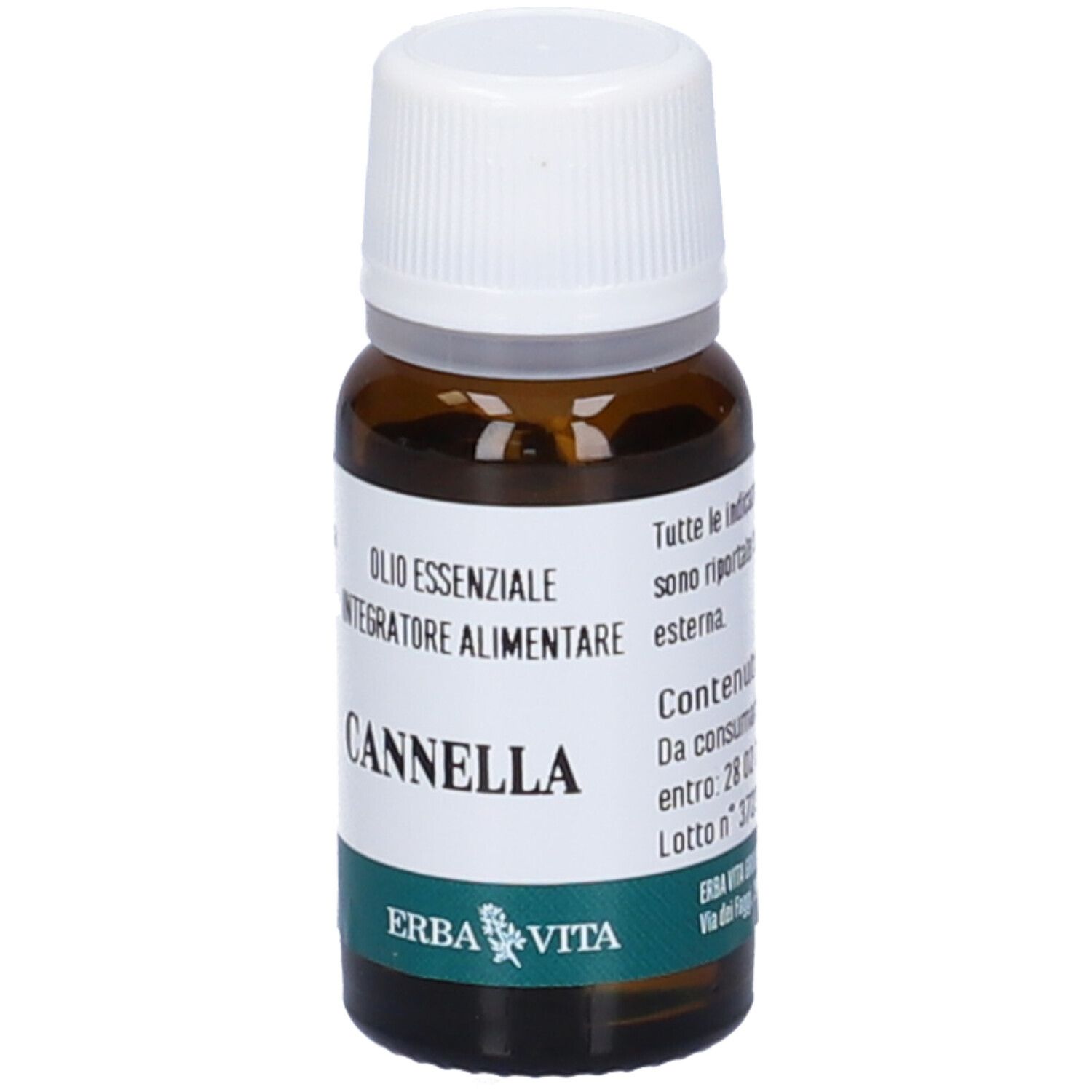 Flacone di vetro marrone con tappo bianco. Scritta: CANNELLA, OLI ESSENZIALE, Integratore Alimentare. Informazioni.