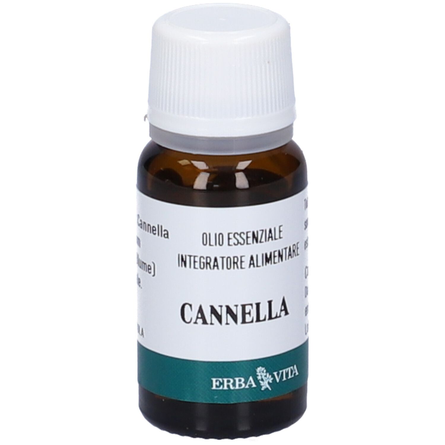 Flacone di vetro marrone con tappo bianco. Scritta: CANNELLA, OLI ESSENZIALE, Integratore Alimentare. Logo Erba Vita.