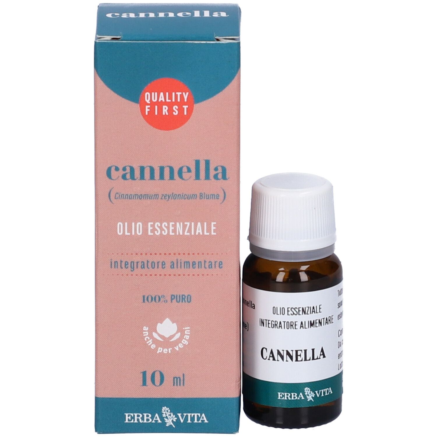 Confezione e flacone. Scritta: CANNELLA, OLI ESSENZIALE, Integratore Alimentare. Logo Erba Vita. 10 ml.
