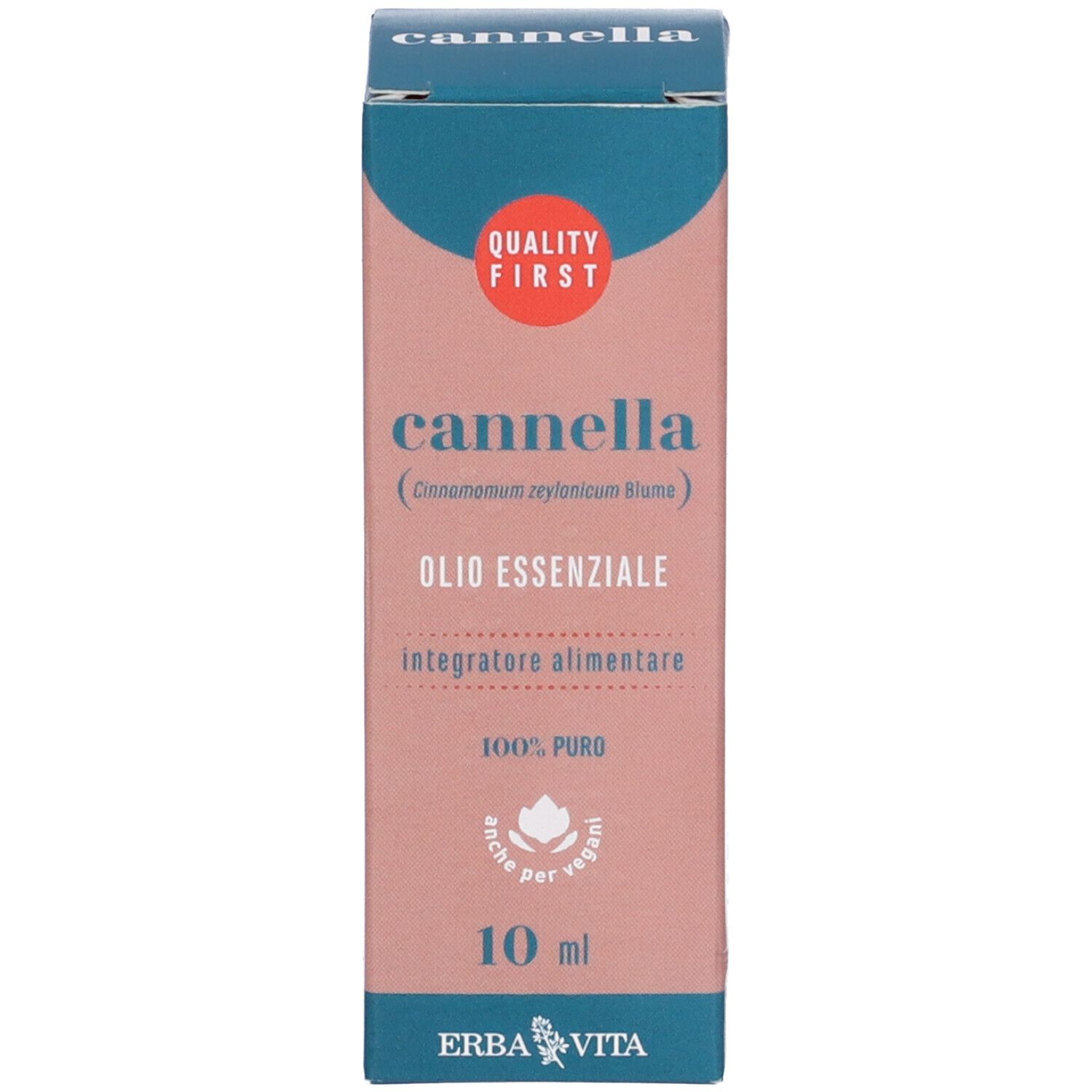 Confezione del prodotto. Scritta: CANNELLA, OLI ESSENZIALE, Integratore Alimentare. Logo Erba Vita. 10 ml.